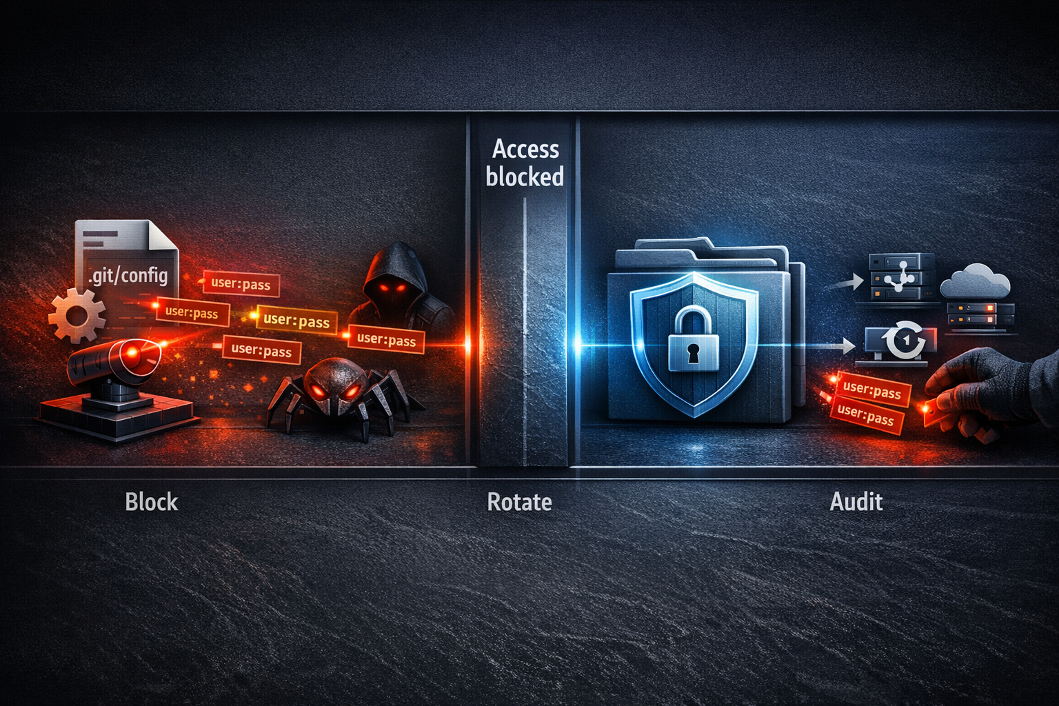 Create a clean editorial security graphic with a horizontal timeline on a dark slate background. On the left, show an exposed `.git/config` file icon emitting small credential tags toward several scan