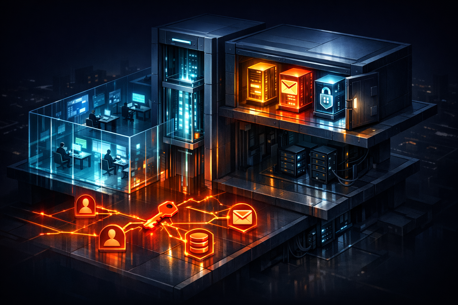 Create a dramatic isometric cutaway of a modern app as a three-level building on a dark cyber-noir background. Left zone: a glowing public lobby representing the browser, with translucent walls showin