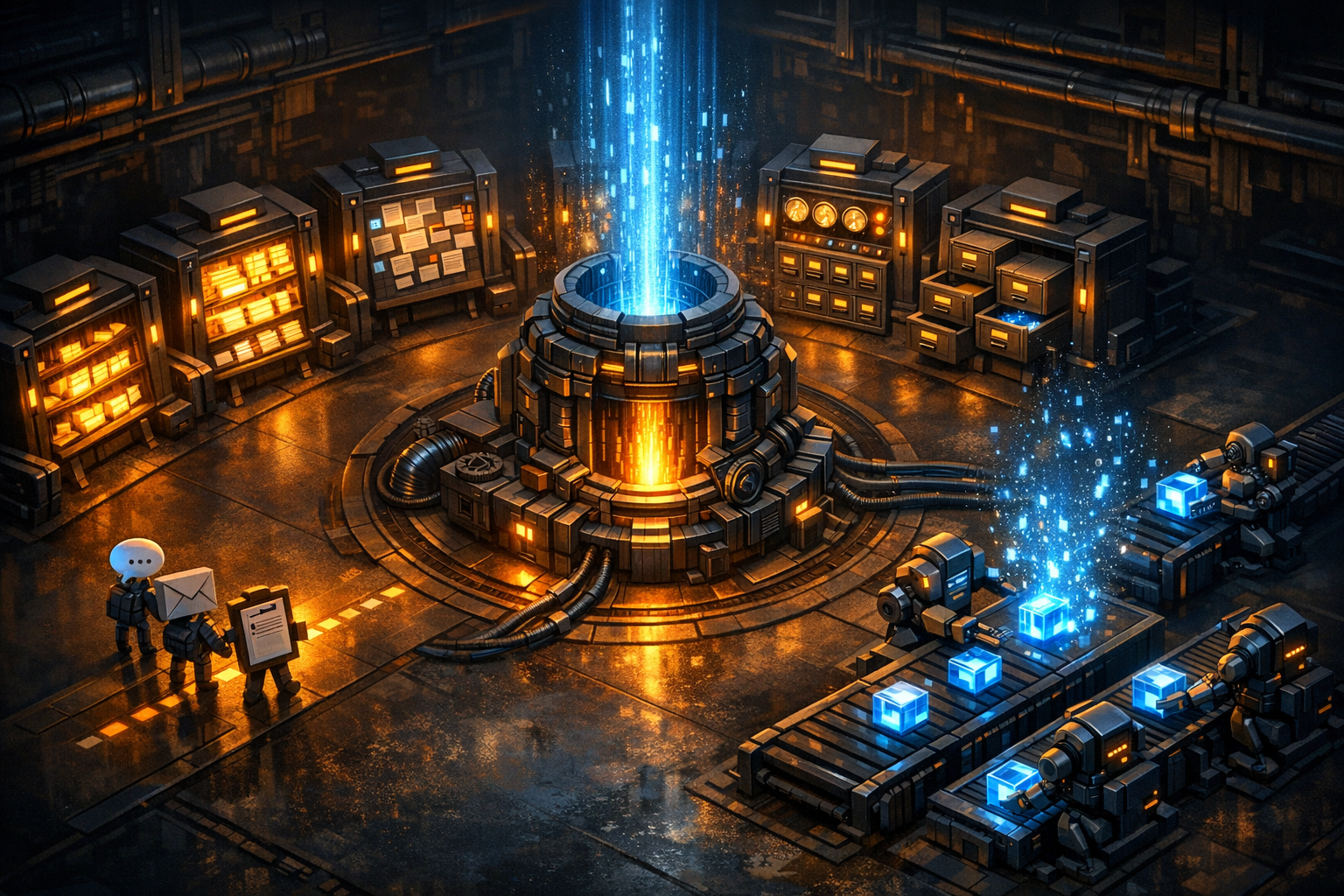 An isometric workshop scene with a central 'memory forge' structure in the middle, surrounded by nine distinct storage bays arranged in a semicircle. Each bay represents one memory type with different