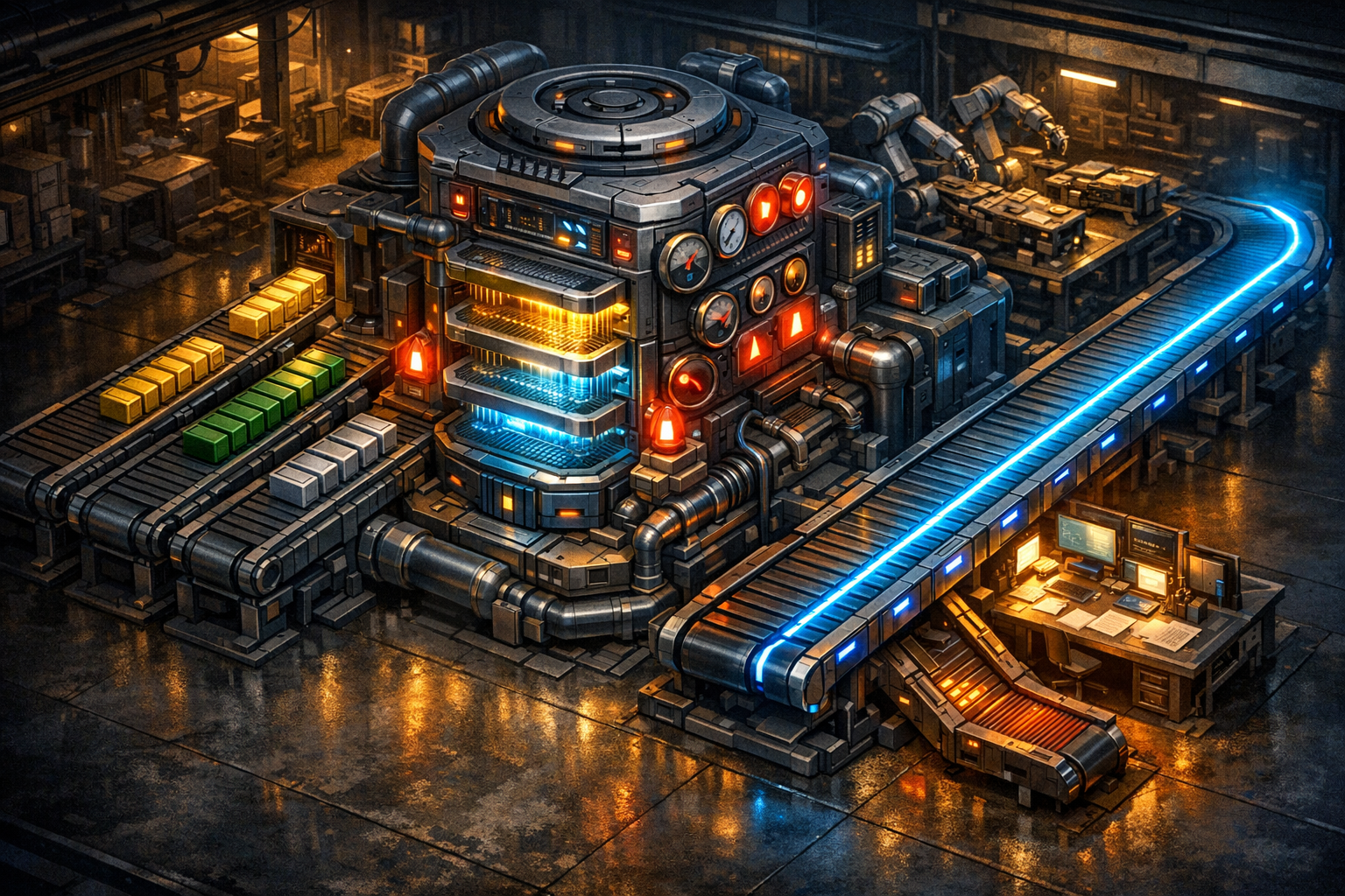 An isometric control-room dashboard inside a machine workshop. The left zone shows incoming memory streams as colored cartridges entering from different sources: documents (gold), user messages (green