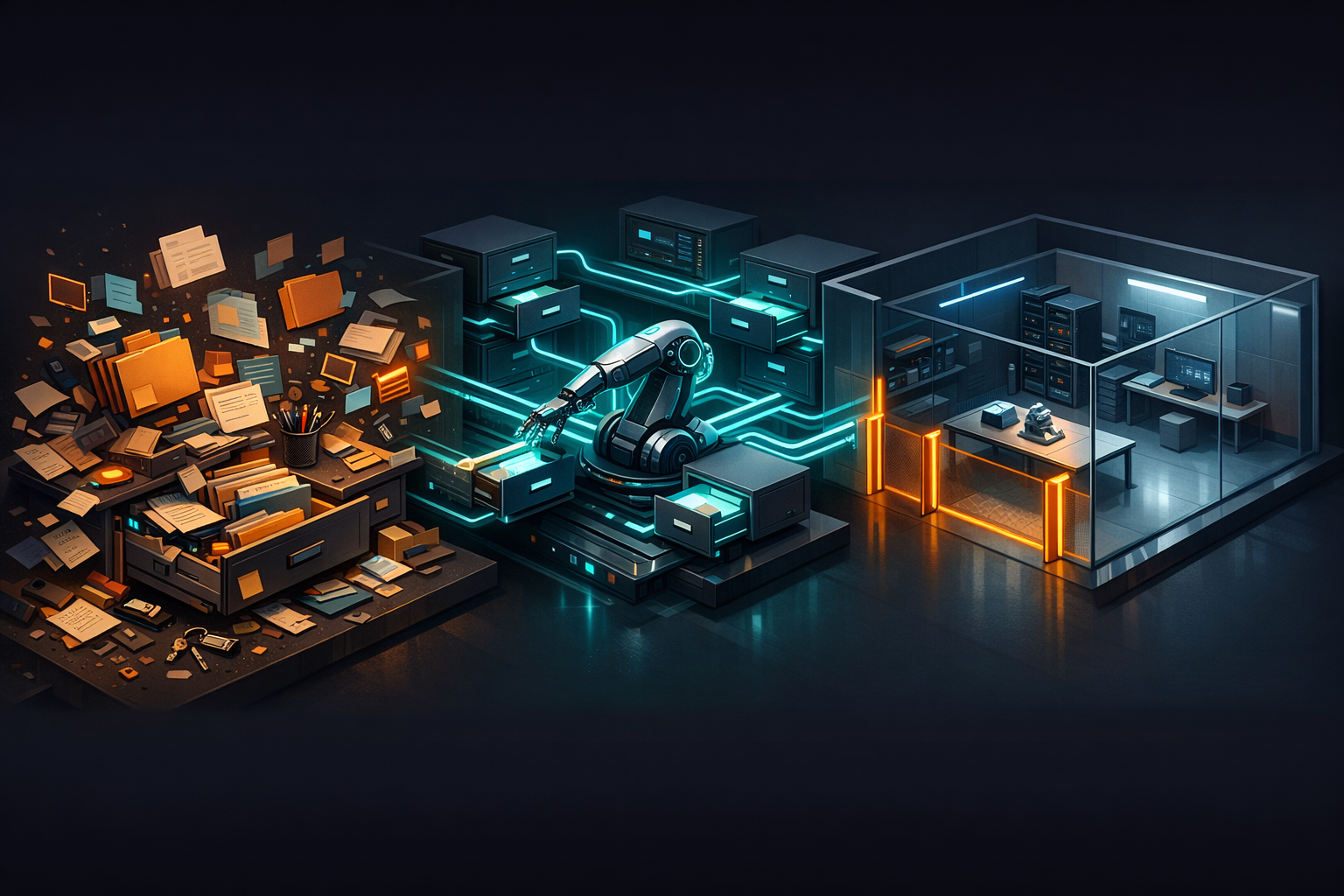 Create an isometric cyber-noir workspace scene on a dark charcoal background with electric teal and warning orange accents. Left zone: a messy home office drawer exploded into digital folders, receipt