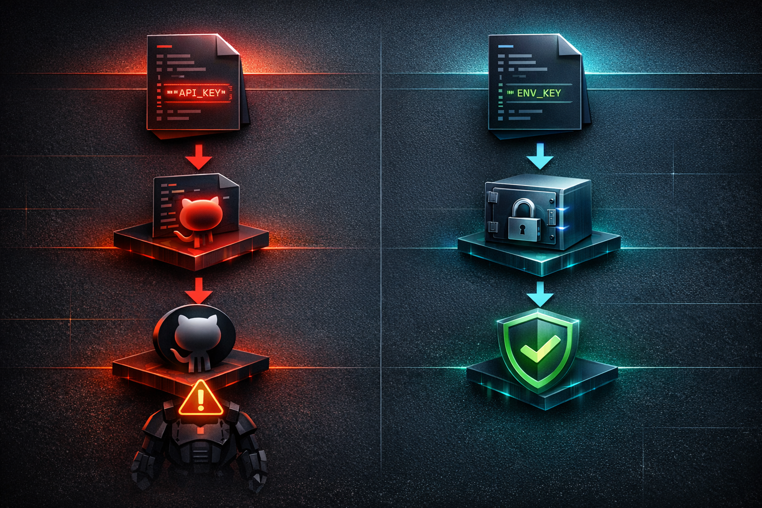 A two-column comparison on a dark slate background with electric teal and warning orange accents. Left column labeled "DANGEROUS" shows a code file icon with a glowing red API key string embedded dire