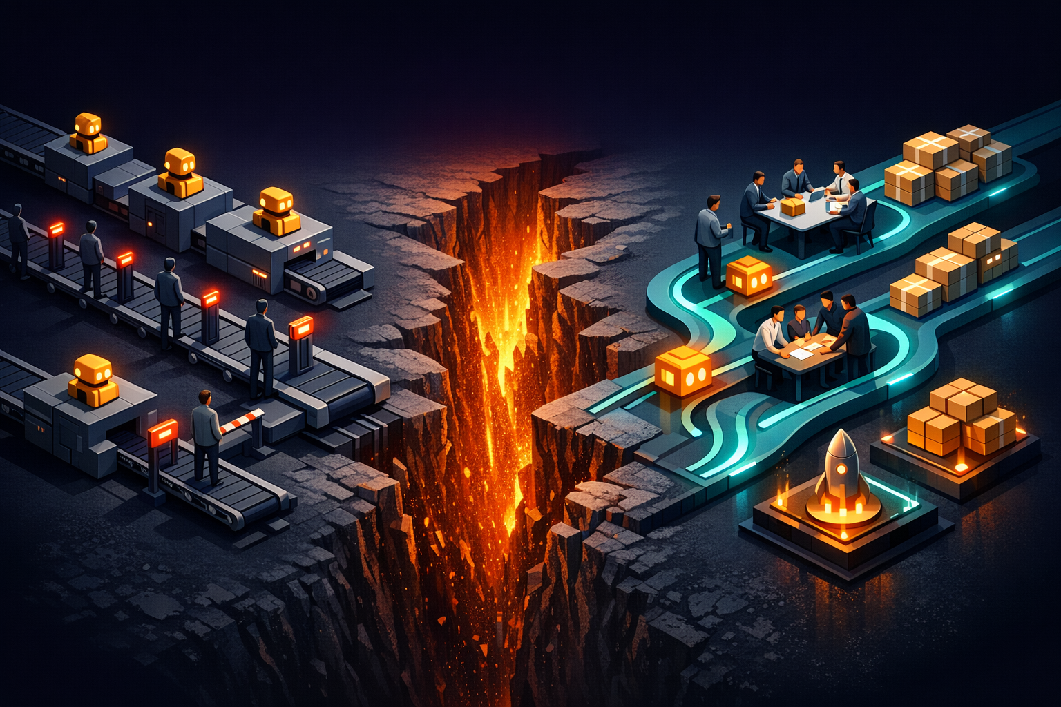 An isometric editorial illustration on a dark navy background showing two parallel operating models. On the left, a lane labeled "Deployment Only" uses rigid gray conveyor belts and boxy process block