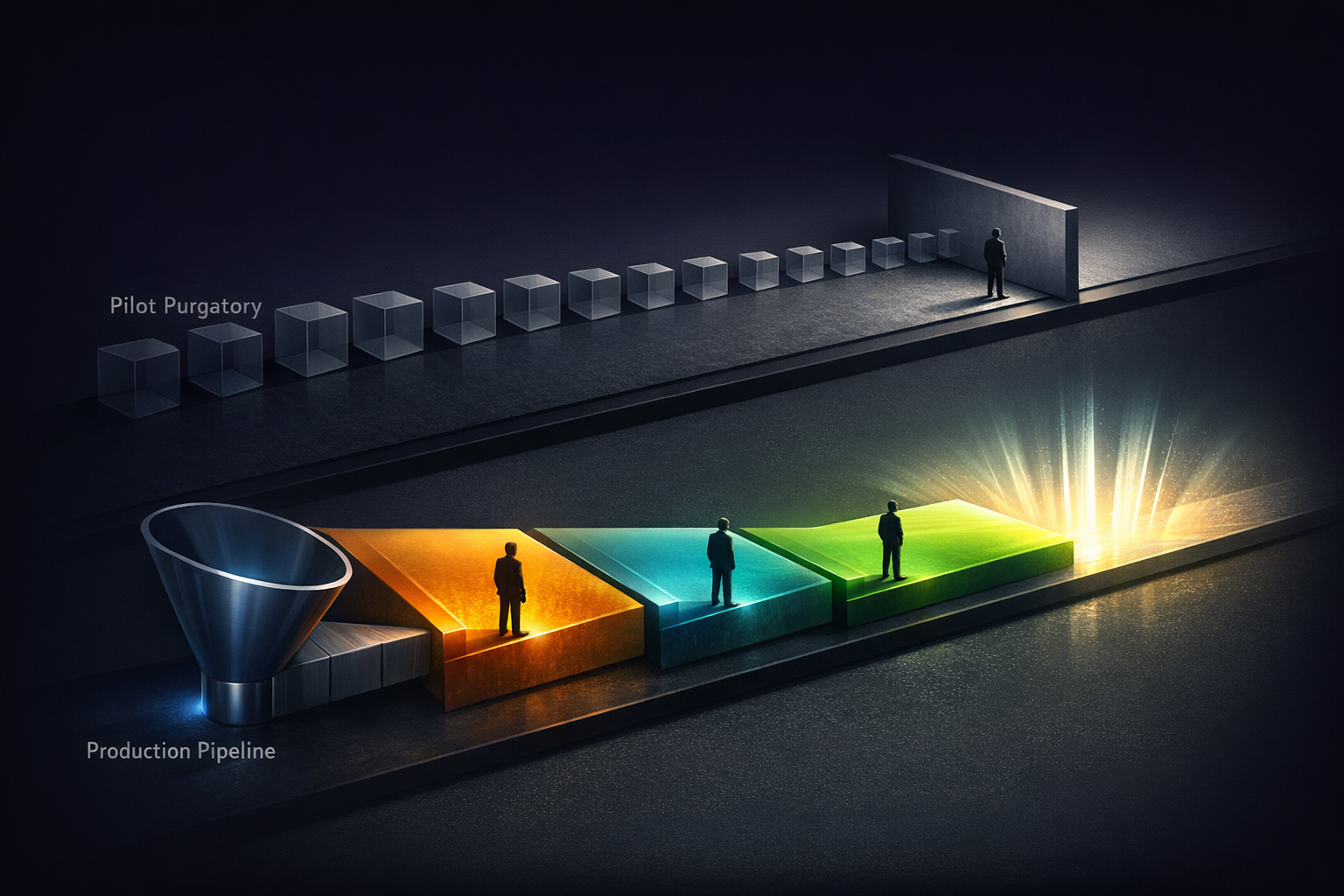 Create a polished isometric business infographic on a dark charcoal background with two horizontal paths moving left to right. The top path is labeled 'Pilot Purgatory' and shows a row of small transl