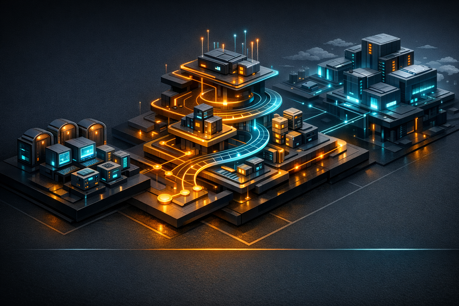 Create a sophisticated isometric architectural illustration on a dark slate background with electric cyan and warm amber accents. Divide the image into three clearly separated horizontal zones. On the