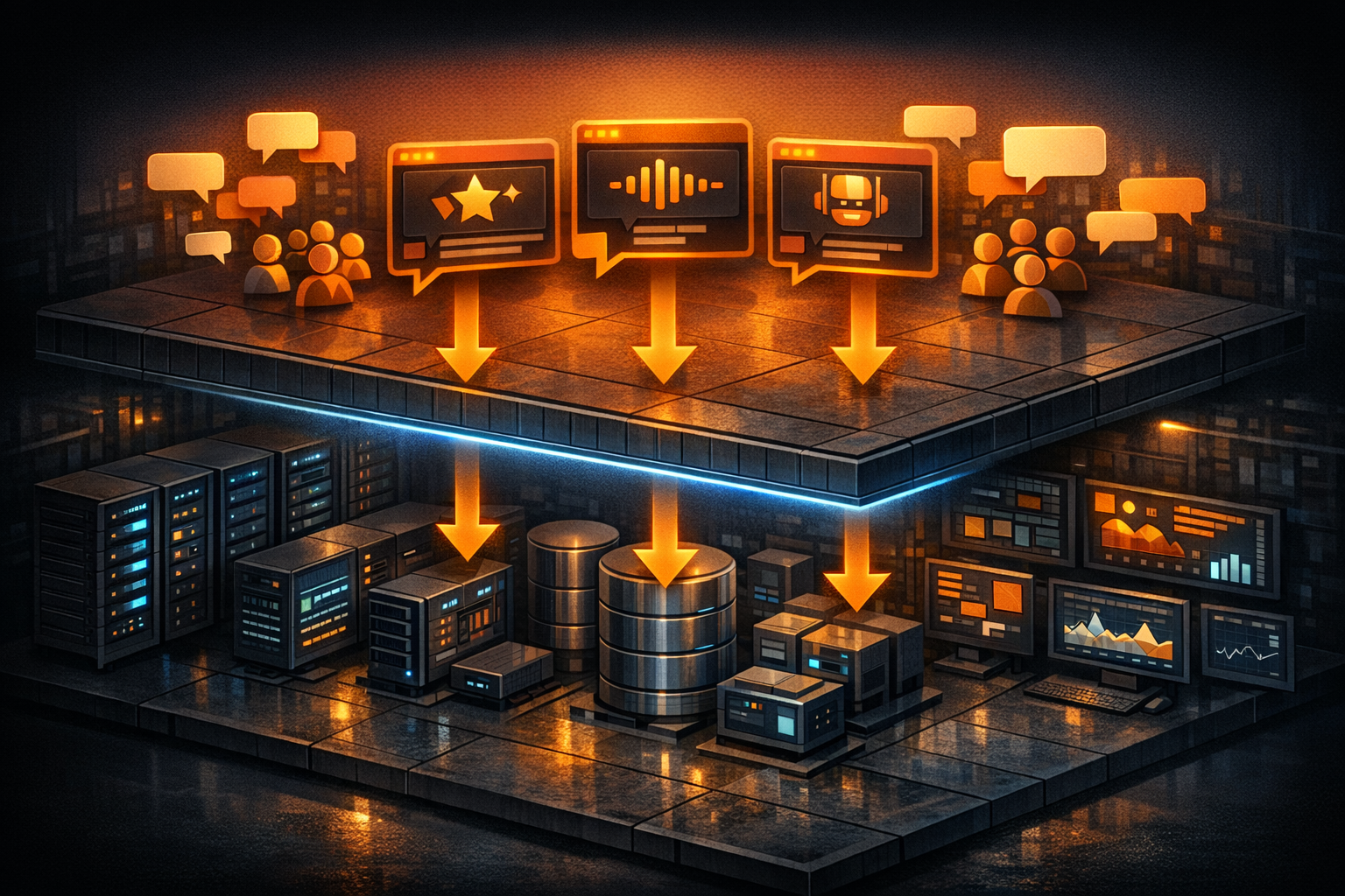 Isometric cross-section of a two-layer naming system. Top layer labeled 'Human Layer' shows speech bubbles, Slack-style chat cards, and team conversation icons using playful codenames such as Sparkles