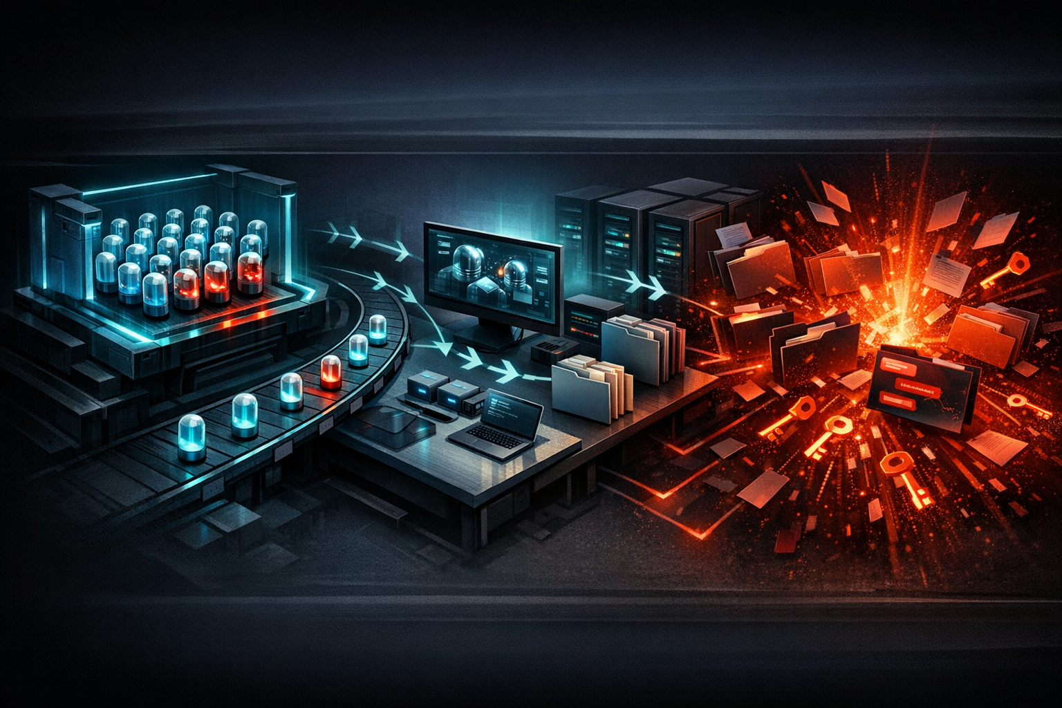 A cinematic isometric security scene on a dark charcoal background with electric teal and warning red highlights. Left zone shows a glowing package registry vault with many small sealed capsules repre