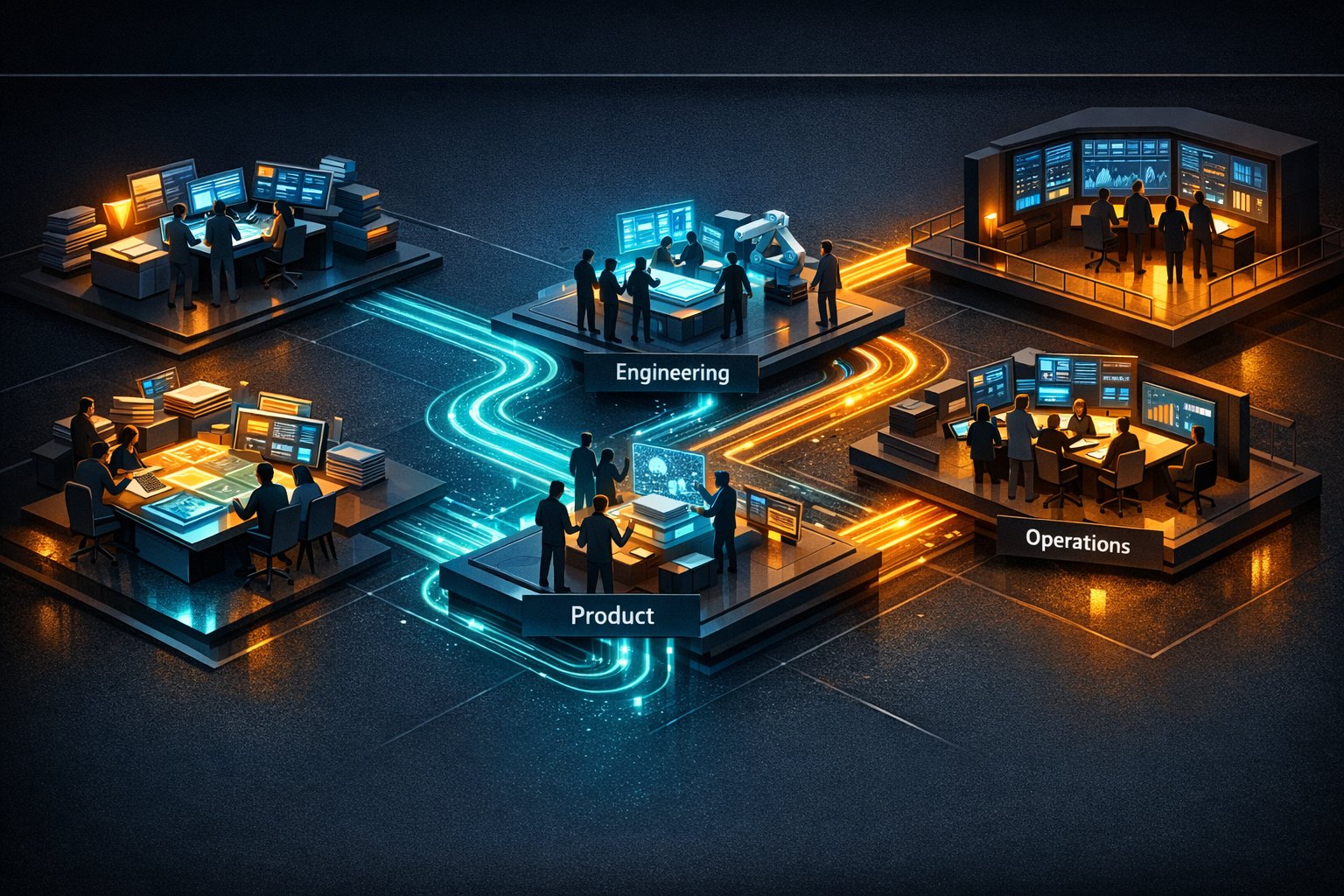 Create a polished isometric executive operating model scene on a dark slate background with electric cyan and warm amber accents. Divide the image into three horizontal zones from left to right: "Capa
