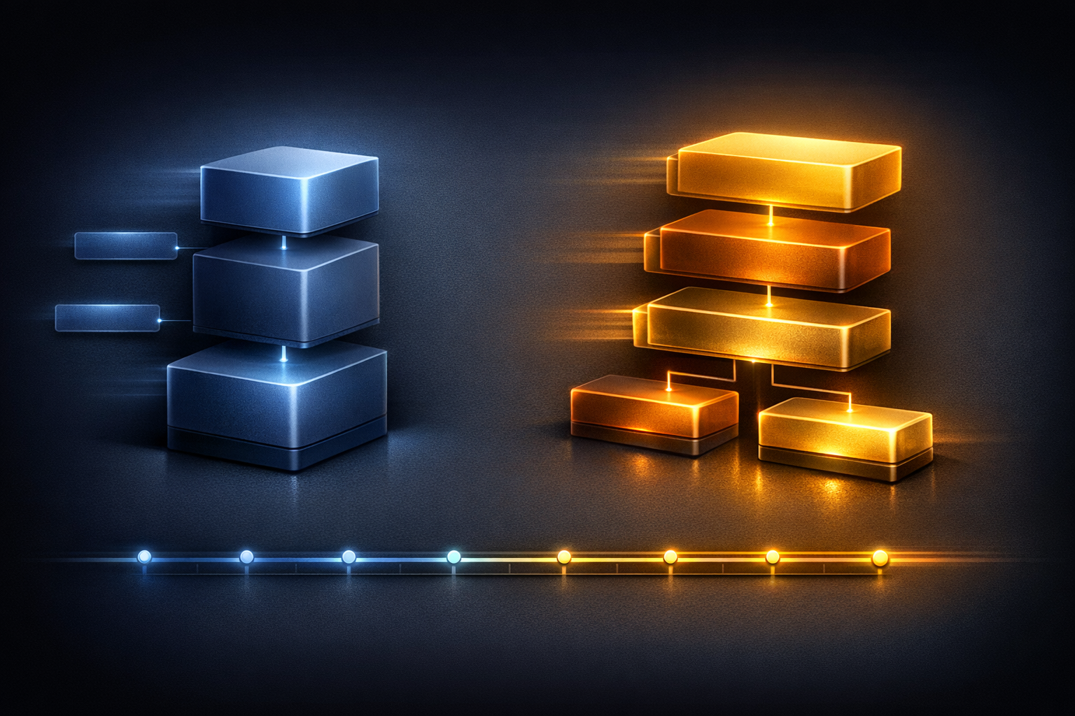 Create a polished side-by-side product architecture comparison on a dark charcoal canvas with subtle depth and soft edge lighting. On the left, label a compact gray-blue column “Earlier Midjourney Pip