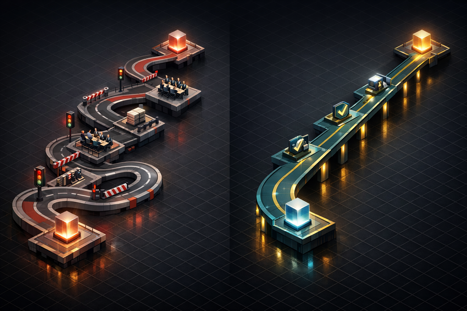 Create a polished editorial-style isometric illustration comparing two AI decision pipelines. Split the composition into left and right lanes on a dark charcoal background with subtle grid texture. On