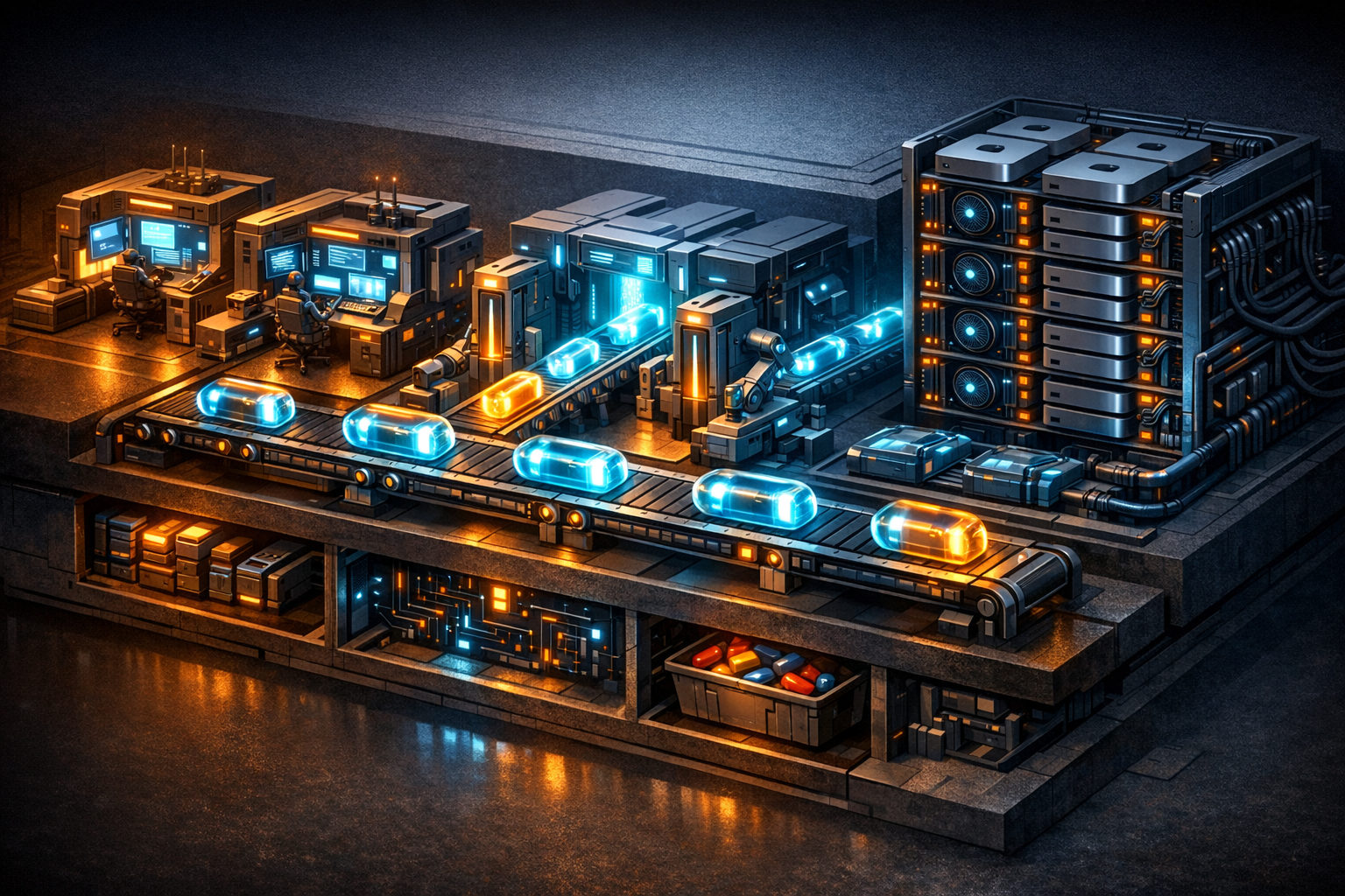 Create an isometric architectural cutaway on a dark workshop background with warm amber and steel gray tones plus electric blue highlights. On the left, show three distinct agent workstations labeled