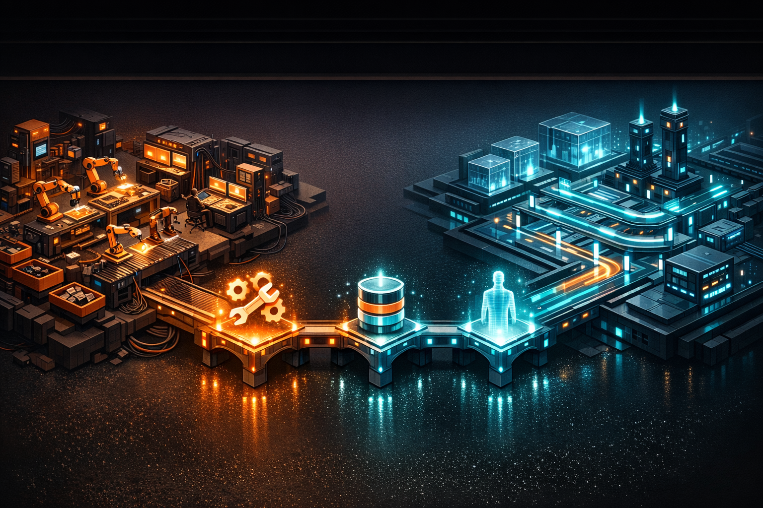Show a side-by-side isometric comparison on a dark background with coral-orange and electric cyan accents. Left panel: a custom bare-metal agent workshop with modular stations, visible wiring, local s
