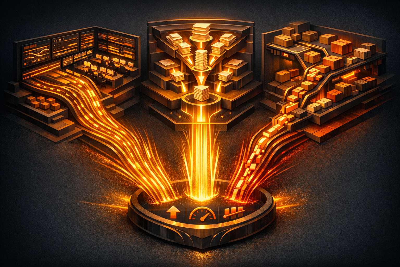 Create an isometric executive dashboard-style scene on a dark charcoal background with a restrained amber and deep red palette. Divide the composition into three clearly labeled visual zones without u