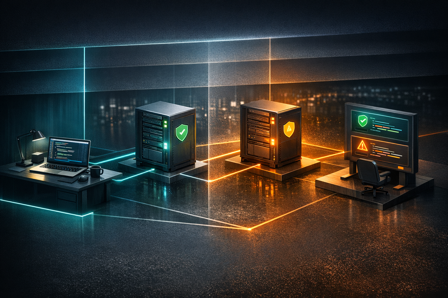 Create a polished editorial cybersecurity illustration showing the MCP trust chain. Use a dark slate background with clean, modern UI styling rather than hacker clichés. On the left, show a developer