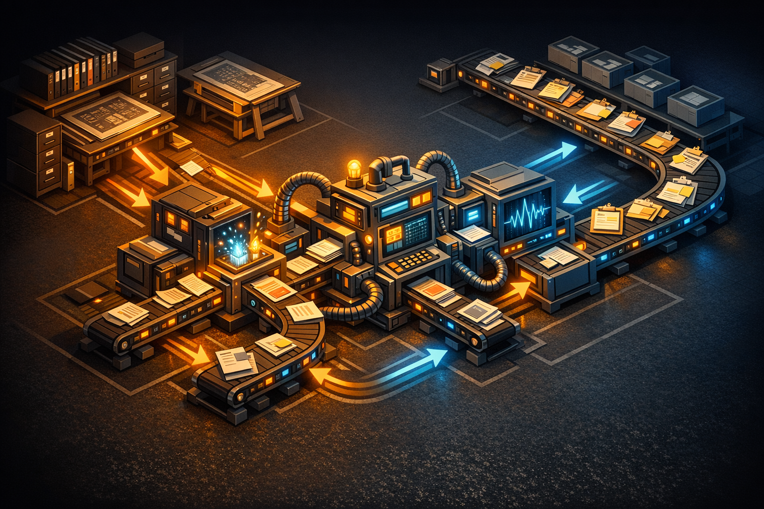 Create an isometric architectural illustration on a dark workshop-style background with warm amber, steel gray, and electric blue accents. The left zone is labeled "Stable Truth" and shows sturdy fili