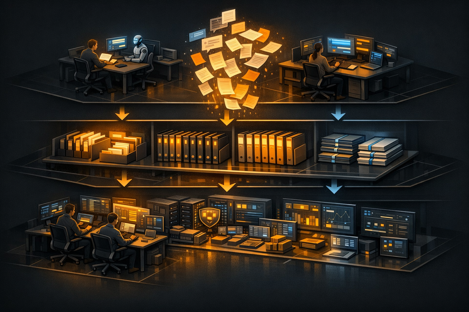 Create an isometric architectural diagram on a dark graphite background with warm amber, steel gray, and electric blue accents. Divide the image into three clear horizontal zones. Top zone: "Human and