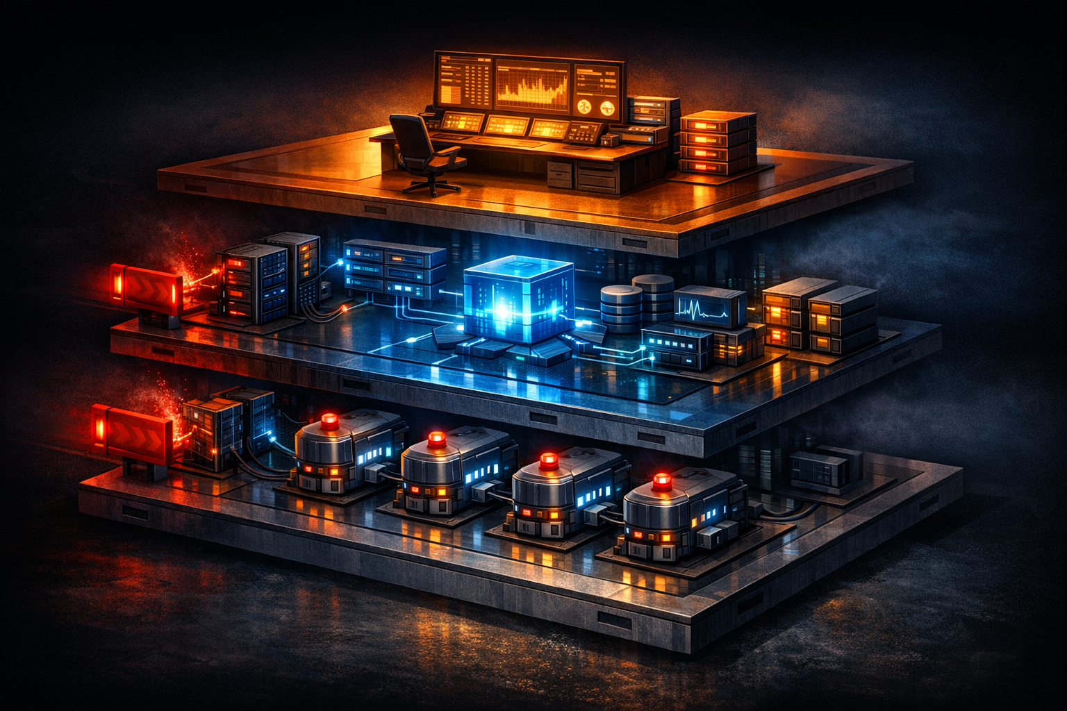 Isometric architectural cross-section showing three horizontal layers of an agent platform. Top layer labeled 'Operator Surface' shows a single control console with status indicators and approval queu