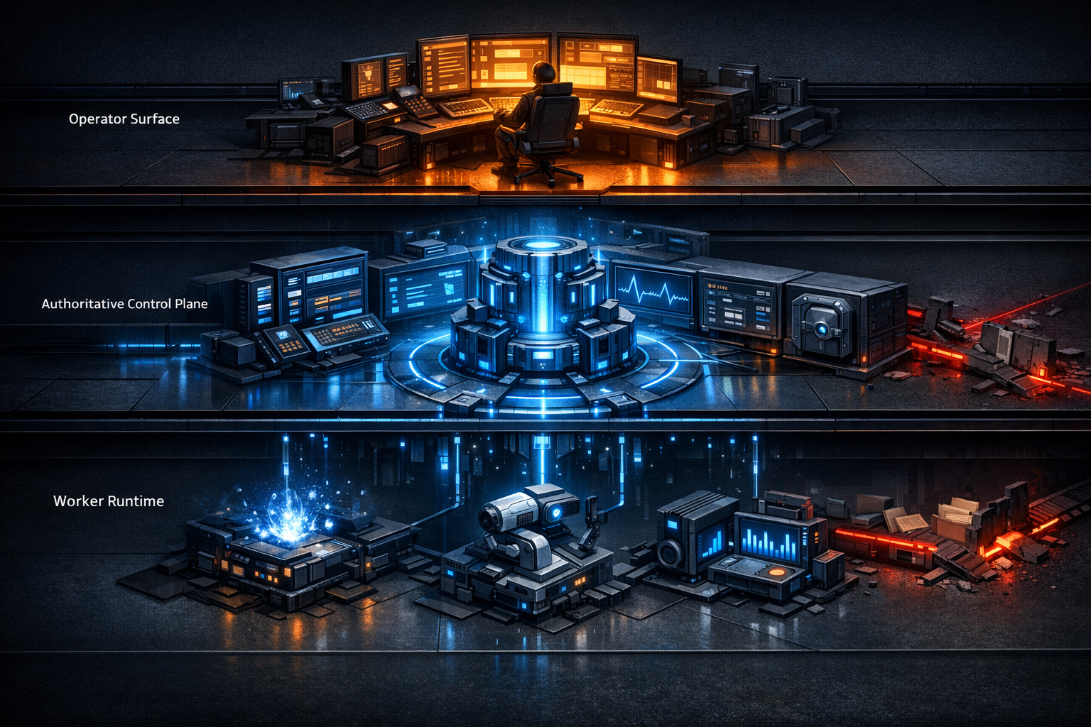A dark-background isometric architectural scene showing three horizontal zones from top to bottom. Top zone: Operator Surface with a Slack-like control console and a human operator station glowing amb