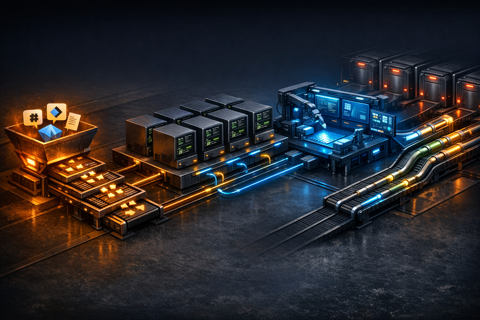Horizontal pipeline flow on dark background with warm amber and electric blue accents. Left to right: (1) A 'Request Queue' intake hopper in amber showing Slack, Jira, and API requests entering a stru