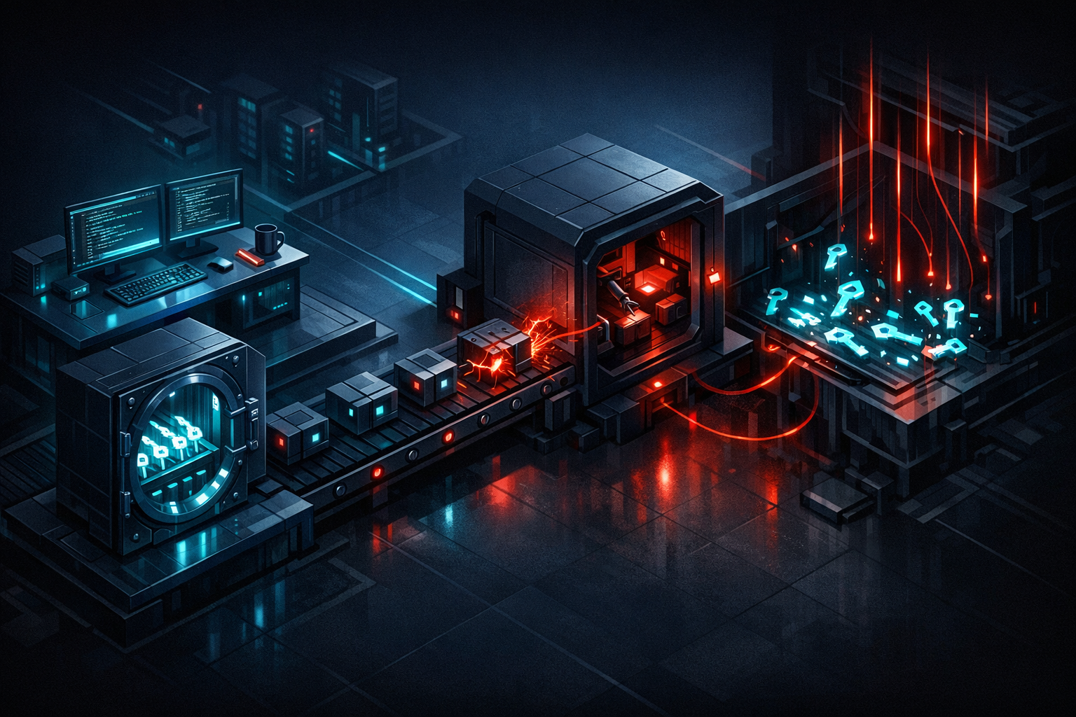 Create a cinematic isometric scene on a dark cyber-noir background with deep navy, electric teal, and warning red accents. Left zone: a clean developer workspace represented by a glowing code bench an