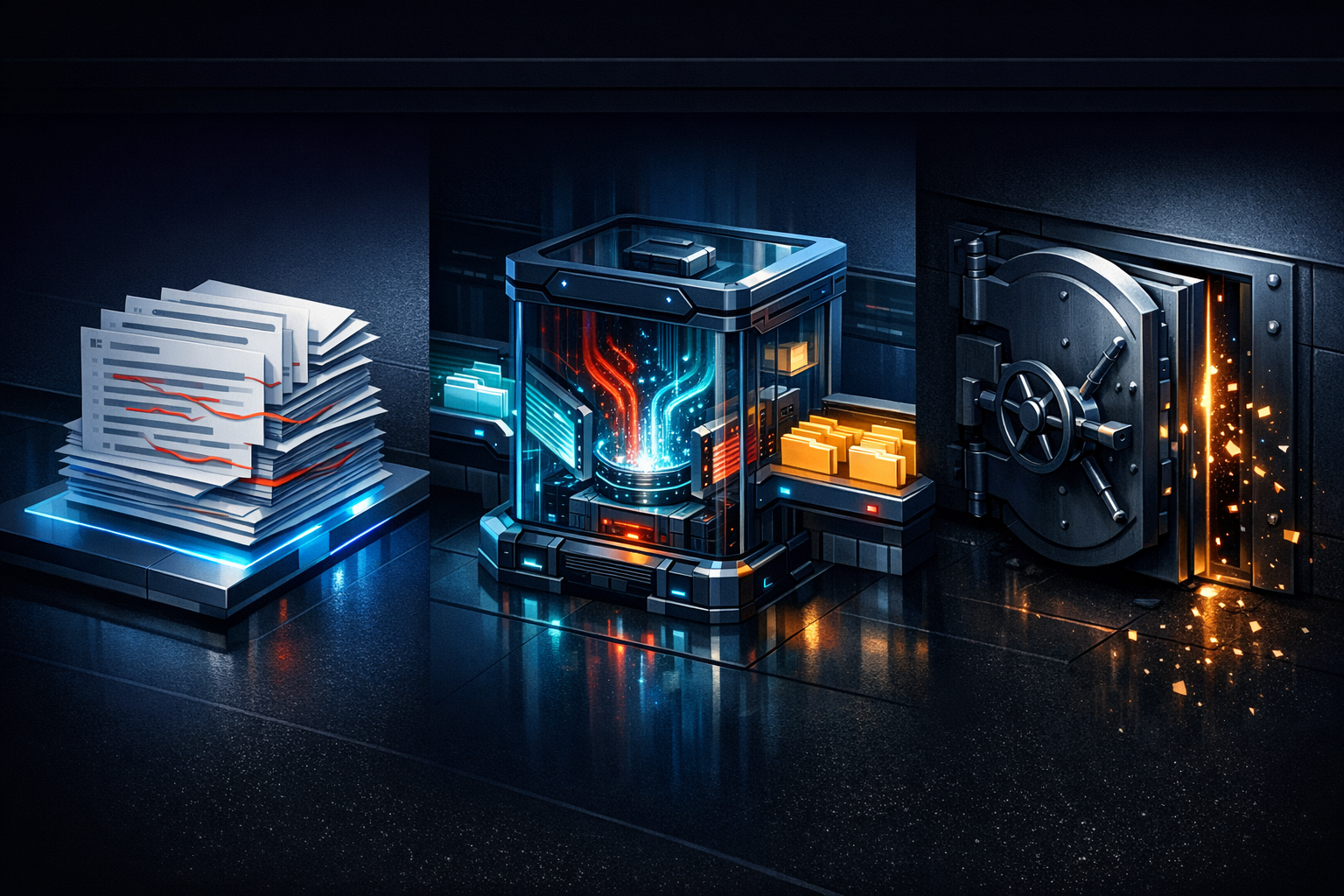 Create a cinematic isometric security scene on a dark charcoal background with deep blue, electric teal, and warning red accents. Split the image into three horizontal zones from left to right. Zone 1