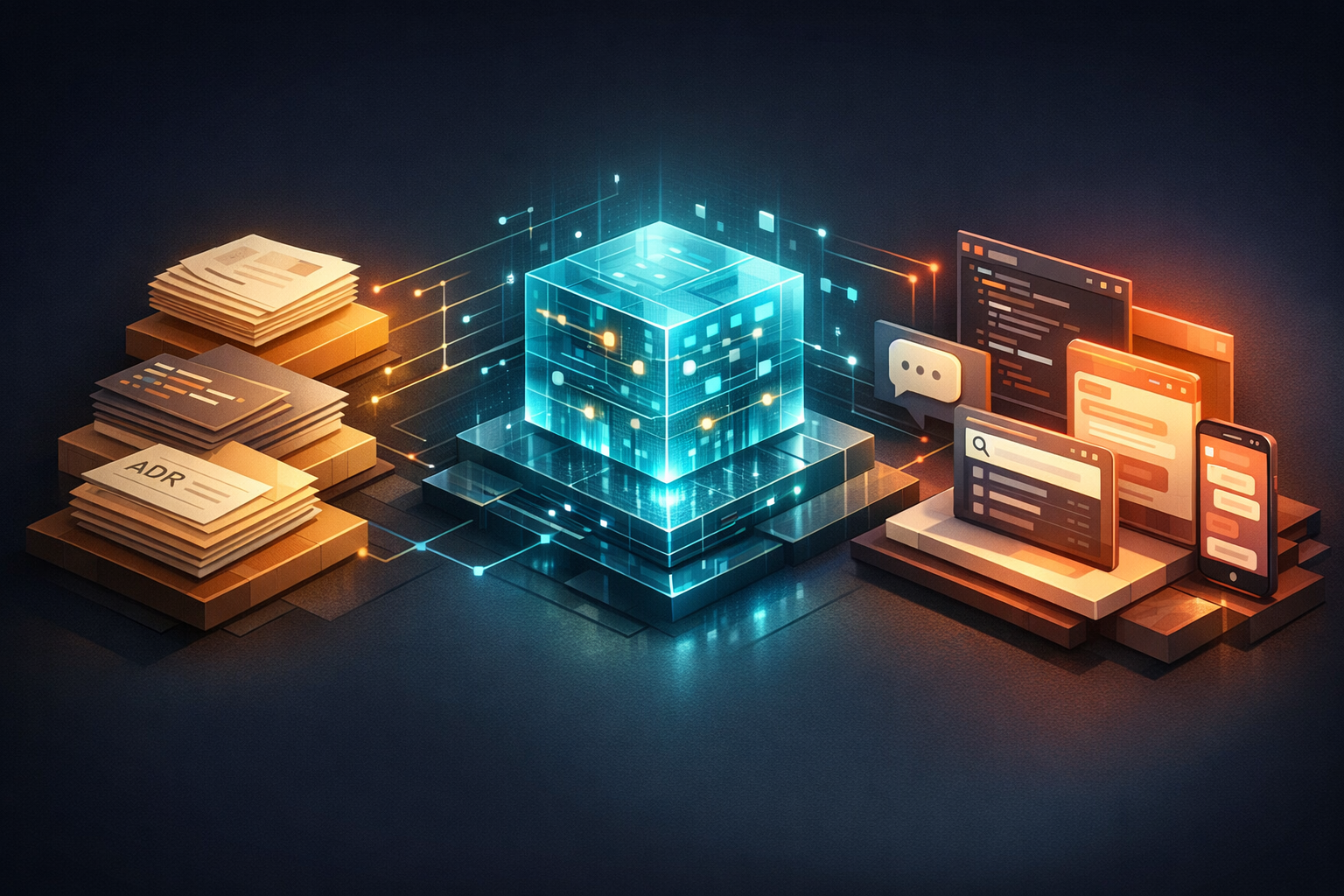 Create an isometric editorial illustration with three connected zones arranged left to right. The left zone, labeled "Creation," contains stacked content artifacts: ADR documents, code comments, wiki