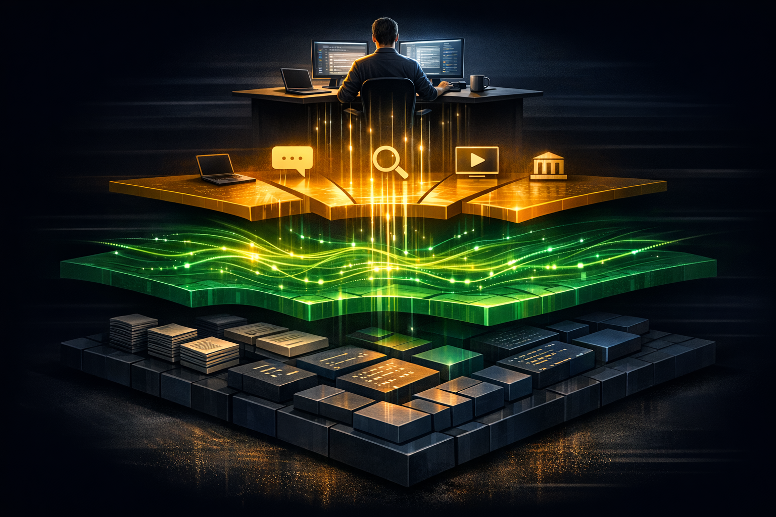 Create a layered editorial cross-section titled "The Modern Content Consumption Stack." The bottom layer in deep slate represents raw documentation, references, transcripts, and code examples as neatl