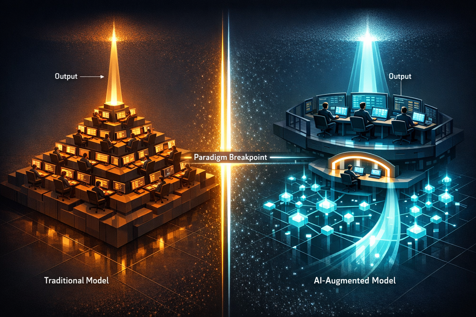 Create a polished isometric editorial illustration comparing two software delivery models. On the left, show a "Traditional Model" as a broad pyramid of many small human workstations, each with monito
