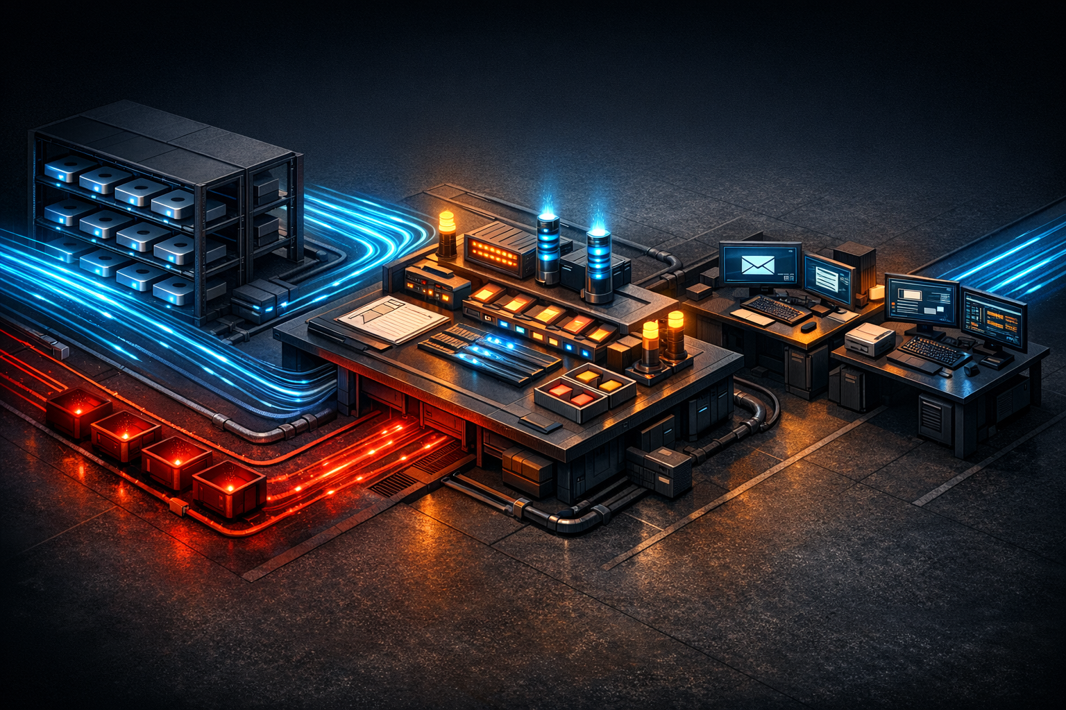 An isometric workshop-style compute floor on a dark charcoal background with warm amber task lighting and electric blue data highlights. Left zone shows a row of compact aluminum mini-computers on ste