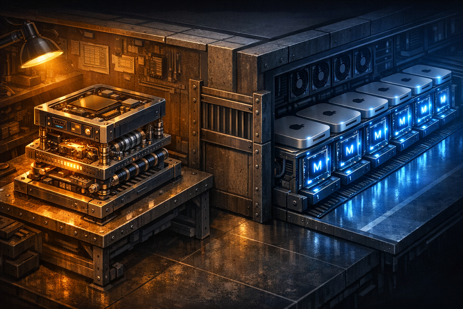 Isometric cross-section of a two-phase timeline. Left zone labeled "Phase 1: Platform Kernel" shows a single monorepo block with layers — control plane, worker contract, heartbeat system, dead-letter