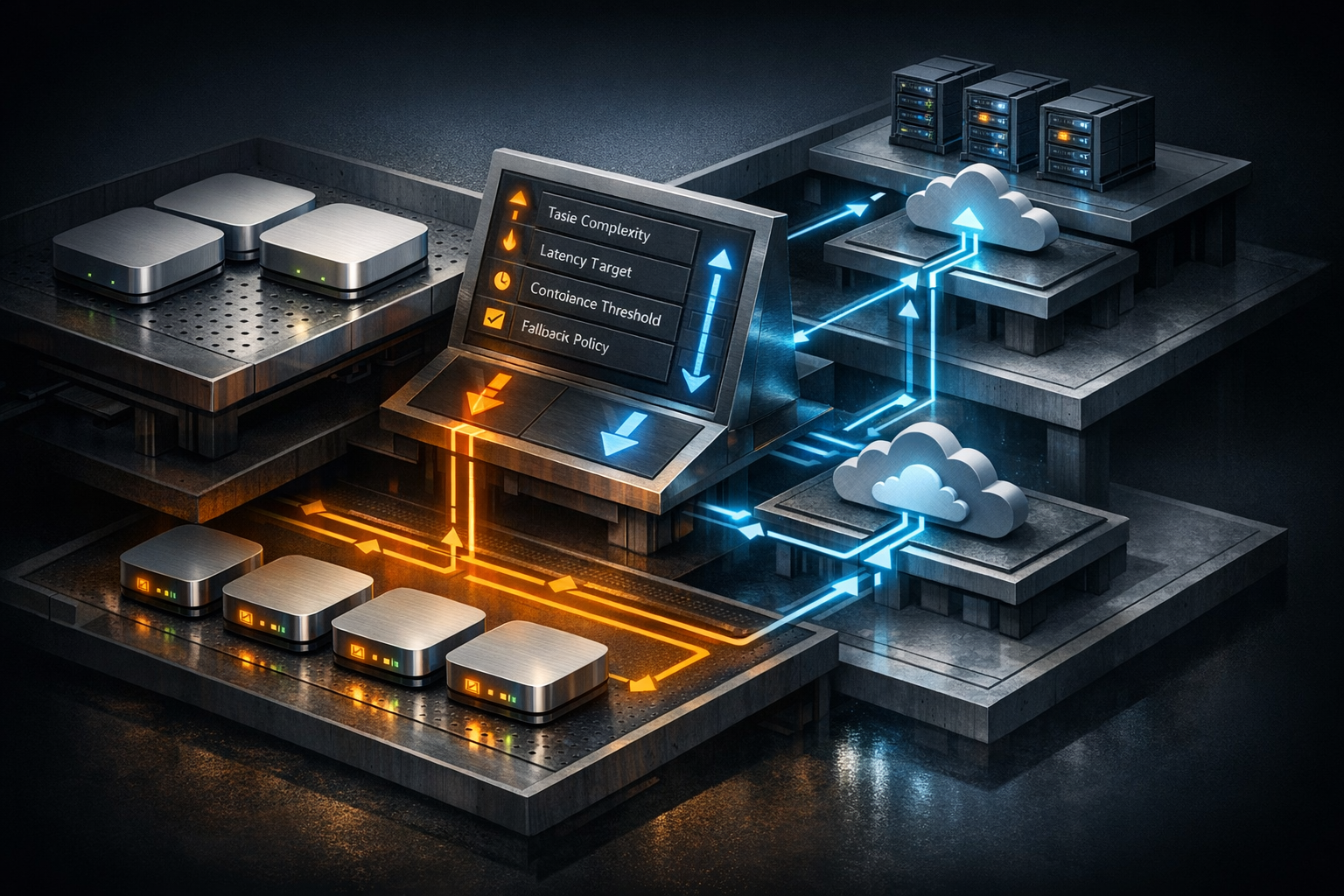 Isometric architectural cross-section showing a two-tier routing system for an AI agent fleet. On the left, two physical Mac mini orchestrator nodes sit on a clean industrial workbench, labeled 'Orche