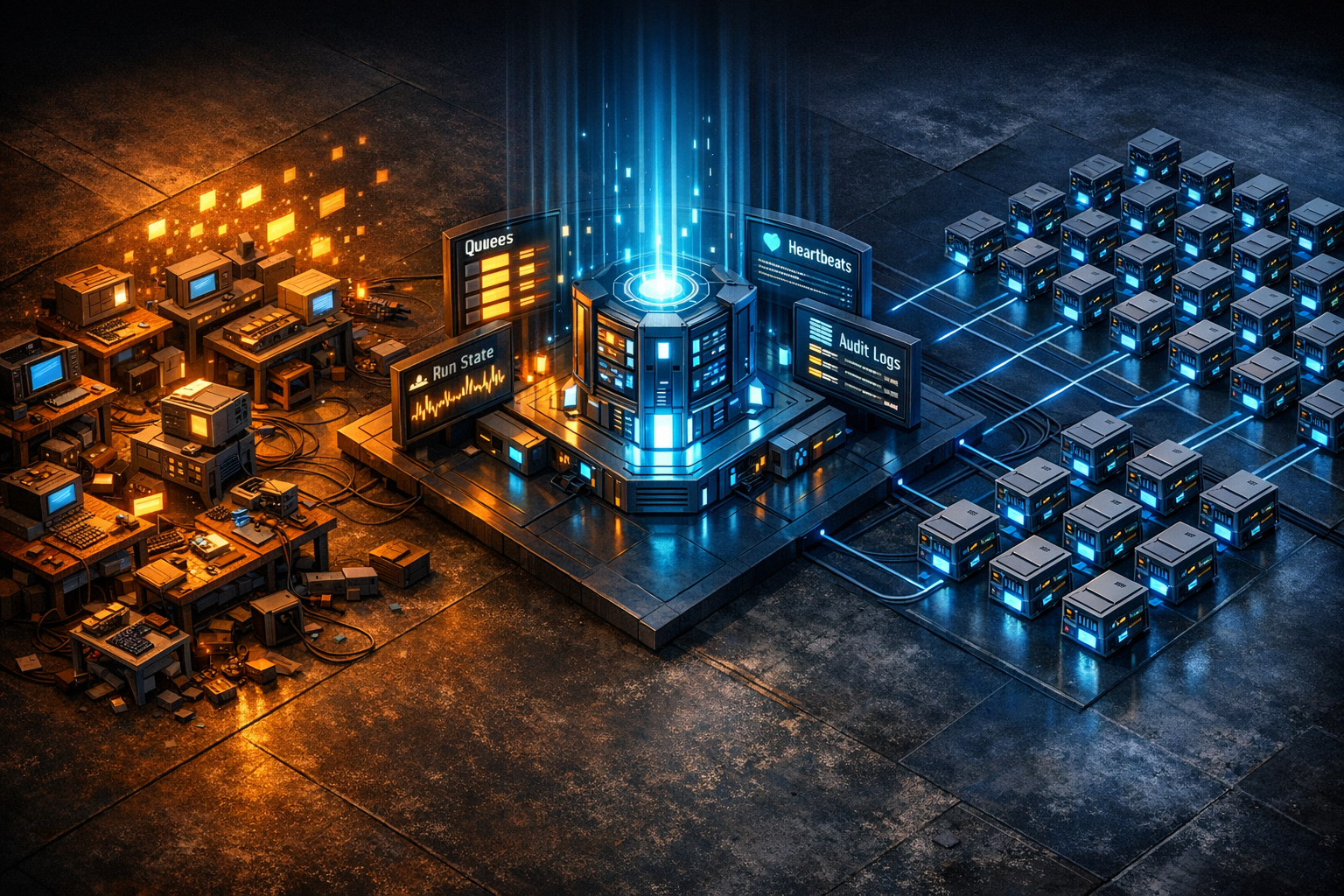 Create an isometric architectural scene on a dark workshop floor with warm amber and electric blue lighting. On the left, show a messy legacy zone with scattered mini-computers, disconnected cables, d
