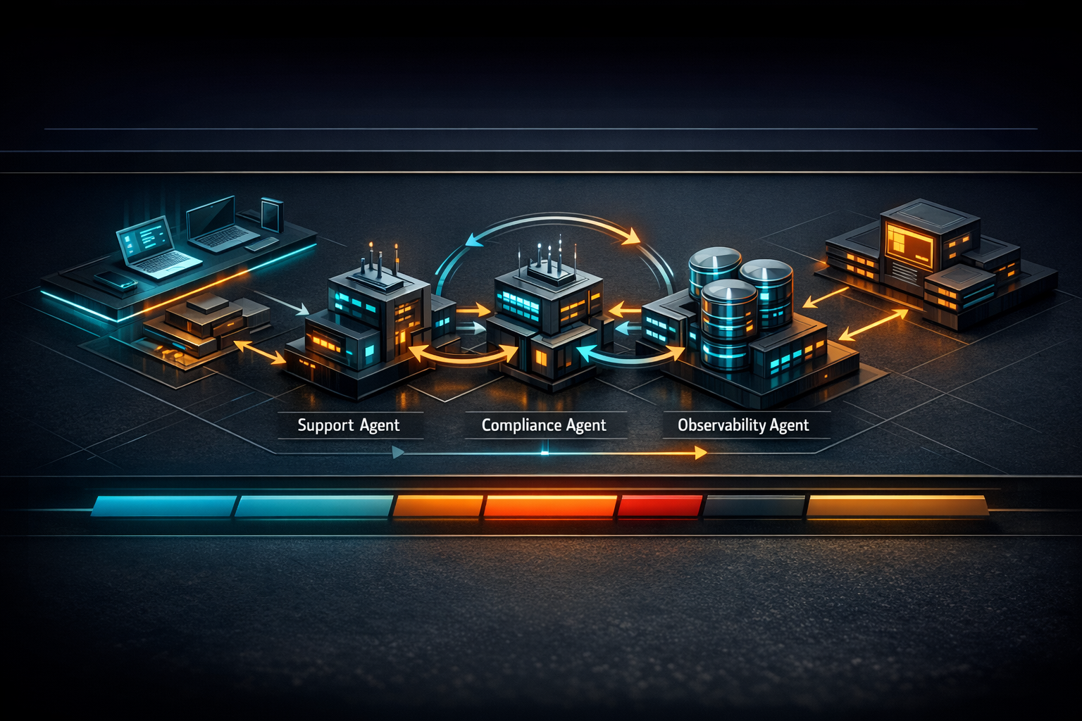 Isometric architectural diagram on a dark slate background with electric cyan and amber accents. Layout split into three horizontal zones. Left zone shows a thin ingress layer receiving user requests