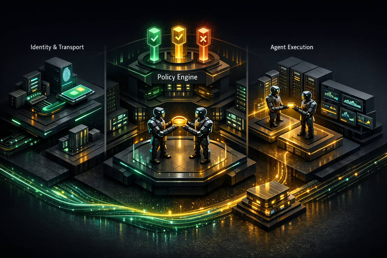 Premium isometric governance diagram on a charcoal background with emerald and gold accents. Divide the image into four vertical layers from left to right: Identity & Transport, Policy Engine, Agent E