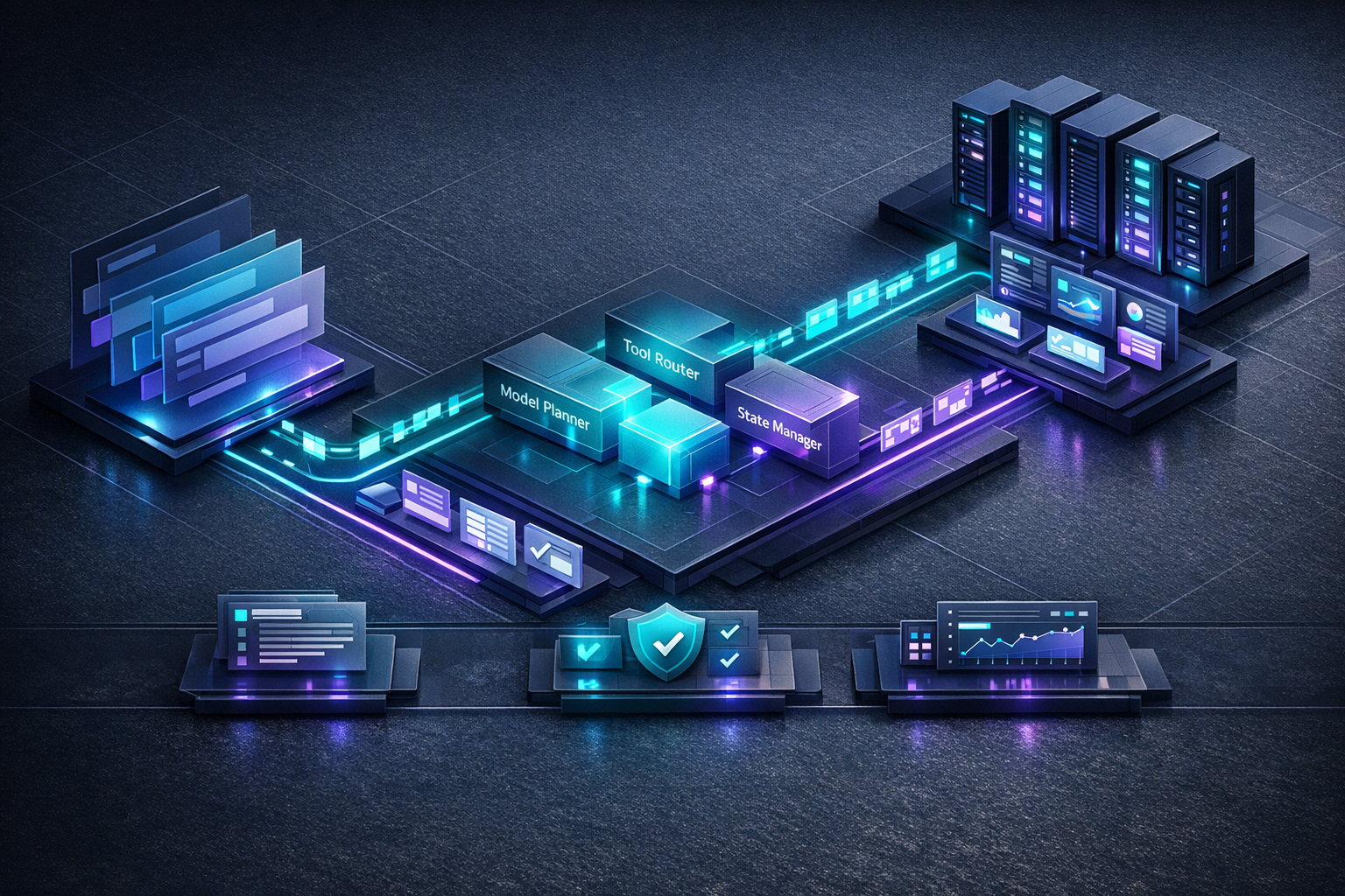Show an isometric architectural scene on a dark slate background with electric cyan and soft violet accents. Left zone: an MCP client conversation panel represented abstractly as layered chat surfaces