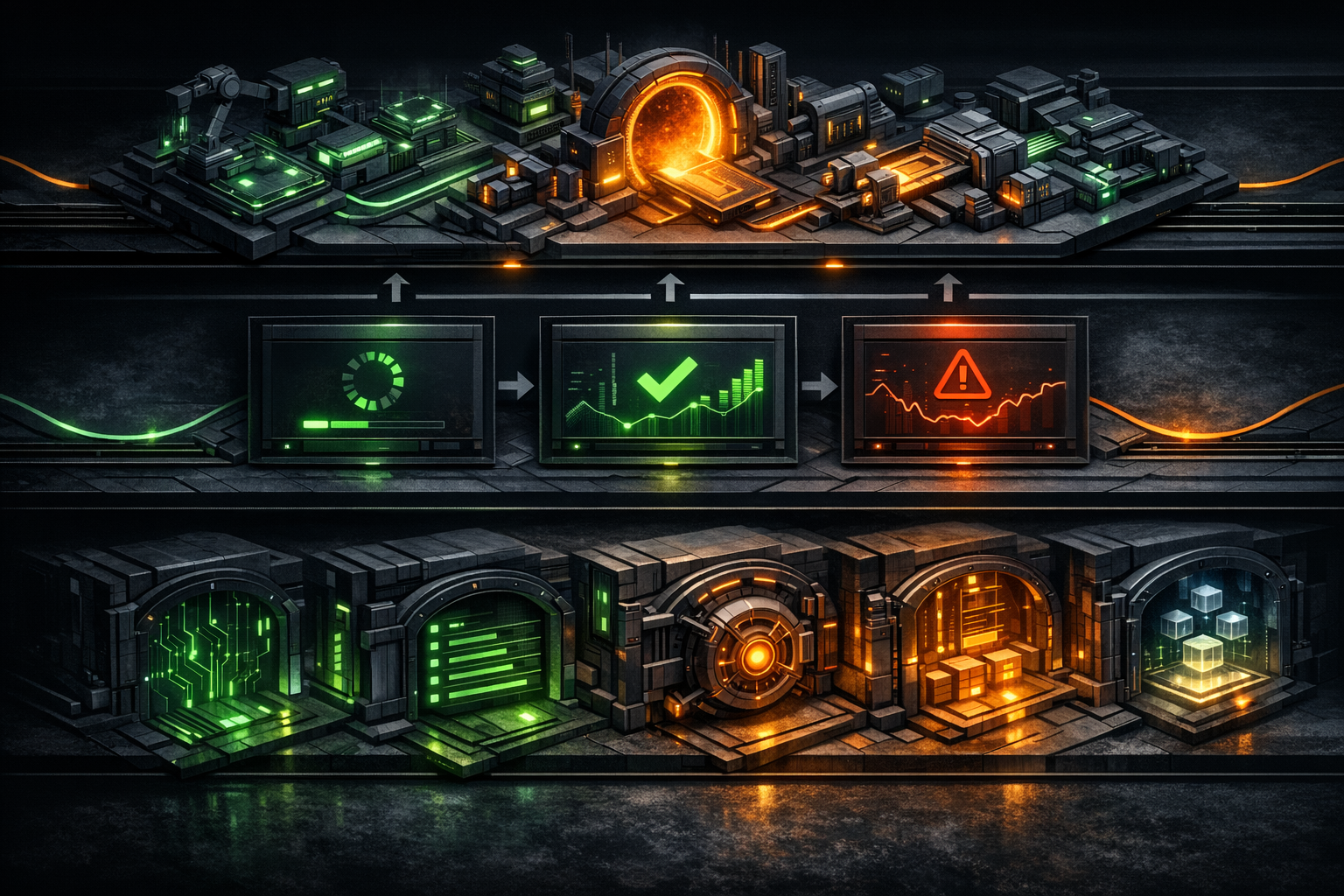 Create a dark-background isometric process visualization using charcoal, emerald, and amber. Divide the image into three horizontal lanes. Top lane: model planning and tool invocation modules, shown a