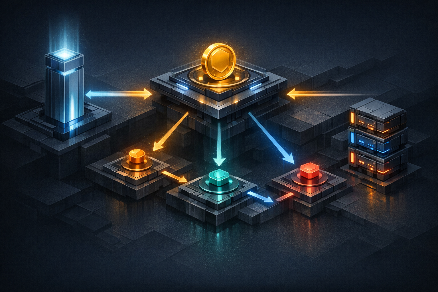 Isometric architectural diagram showing a multi-agent token delegation flow on a dark navy background. On the left, a tall glowing column labeled "Identity Provider" issues tokens. In the center, an e