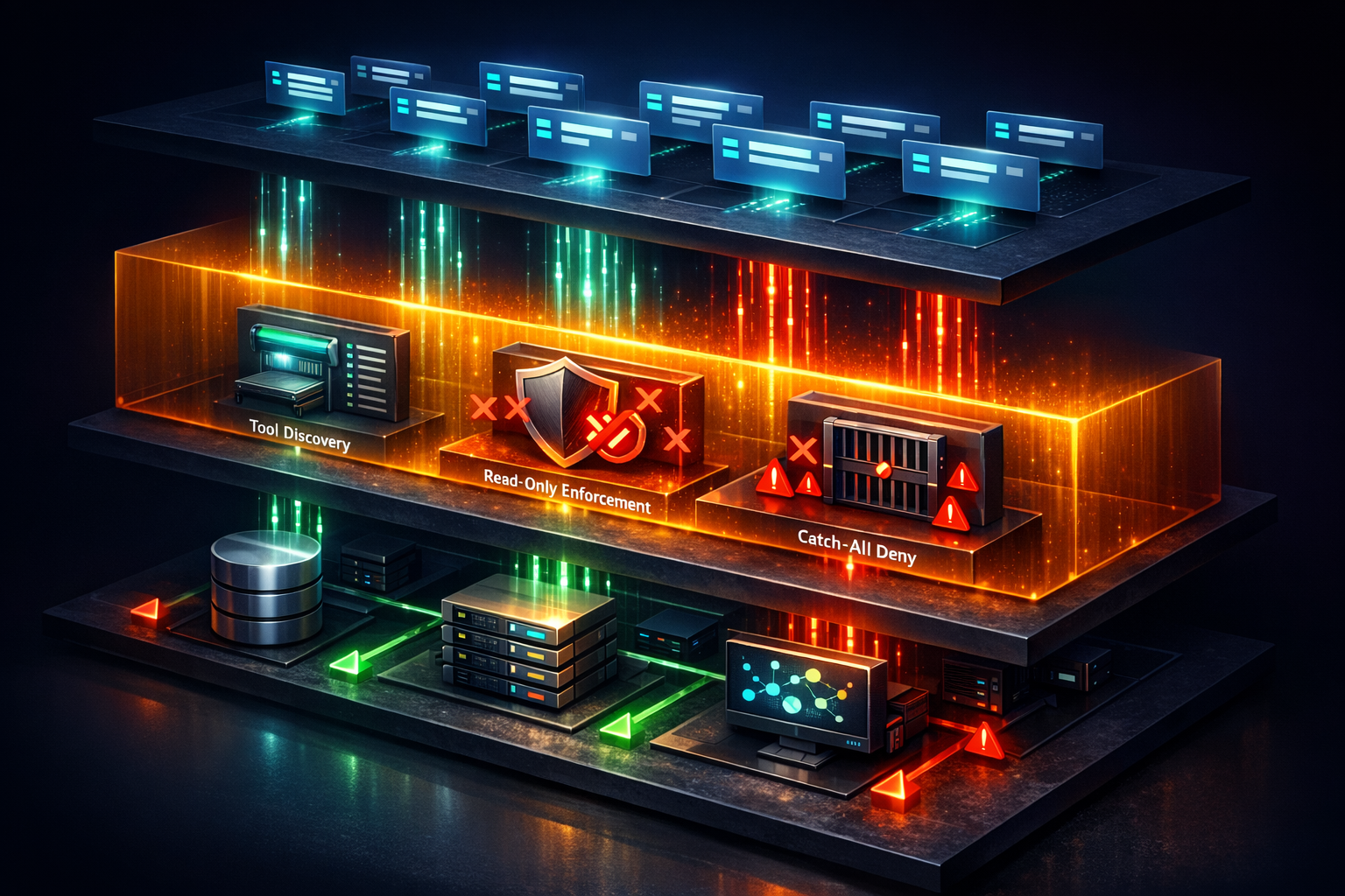 Create an isometric enterprise security diagram with three horizontal layers stacked vertically. The top layer is labeled "MCP Client / Agent" and shows several agent request cards sending teal reques