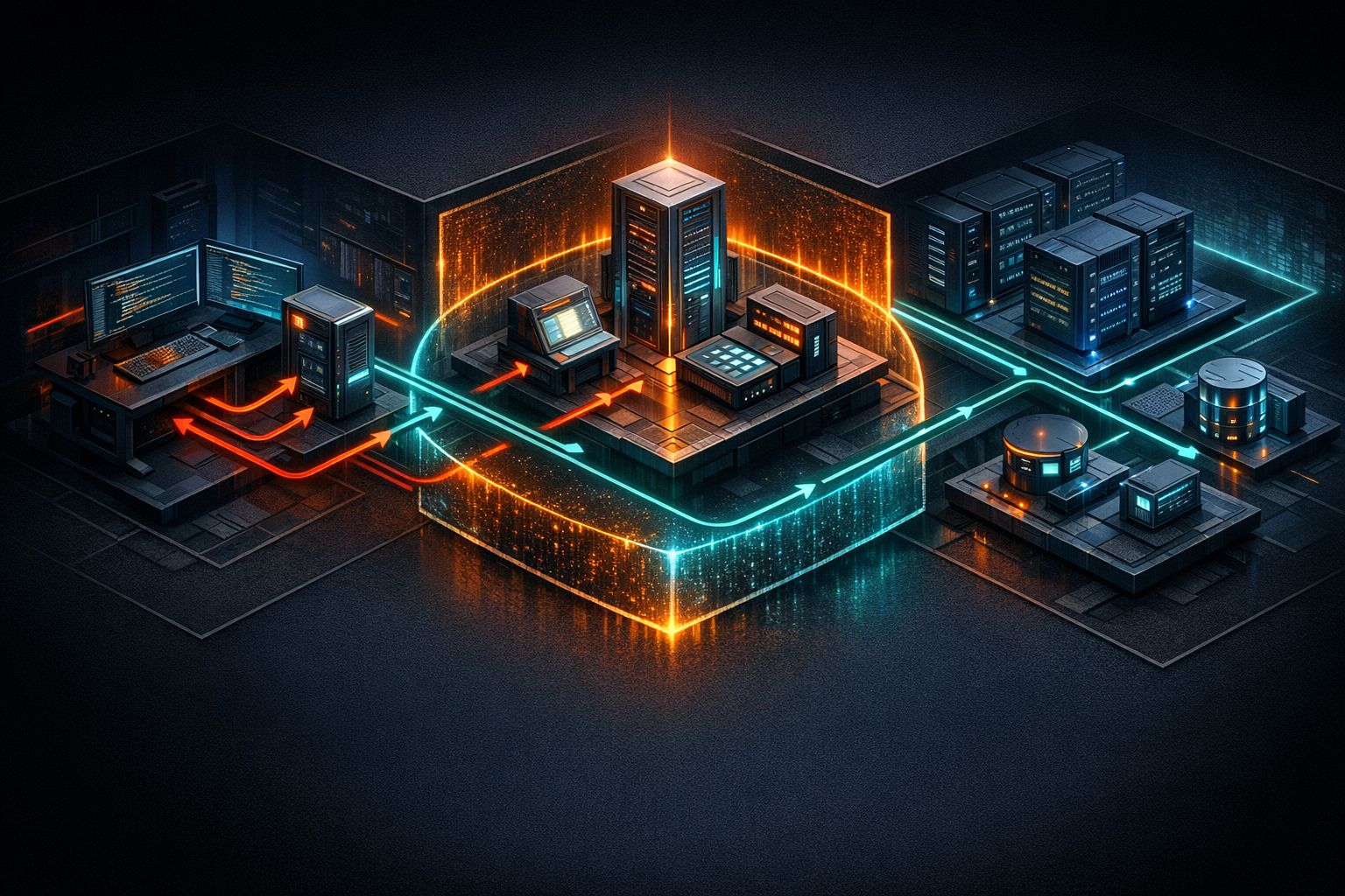 Create an isometric cyber-noir security diagram on a dark graphite background with electric teal, deep blue, and warning orange accents. Left zone shows a developer workstation and AI host client with