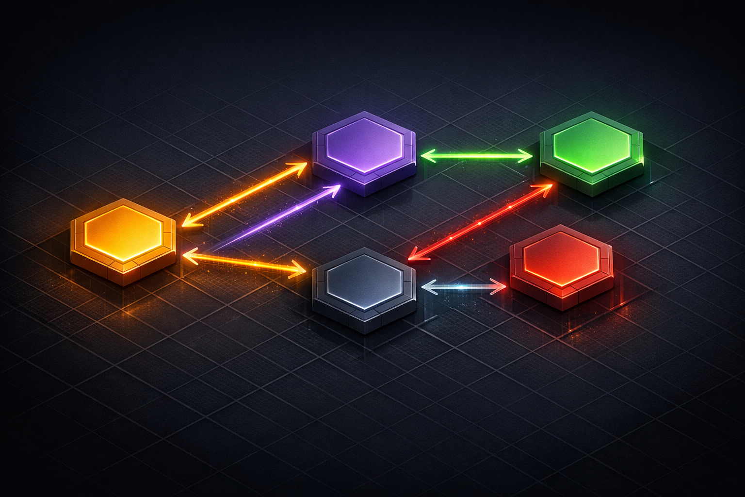 Isometric state machine diagram on a dark navy background with five hexagonal nodes arranged in a flowing left-to-right layout. The nodes are labeled: 'working' (amber glow), 'input_required' (violet