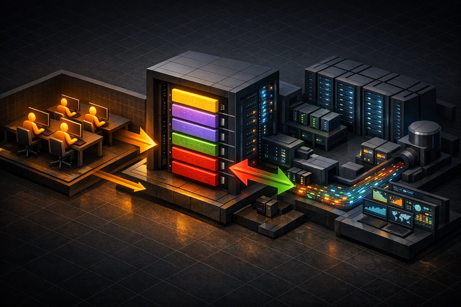 Architectural cross-section on a dark charcoal background showing a production MCP Tasks setup. Left zone labeled 'Agent Clients' shows three parallel agent icons in amber. Center zone labeled 'MCP Se