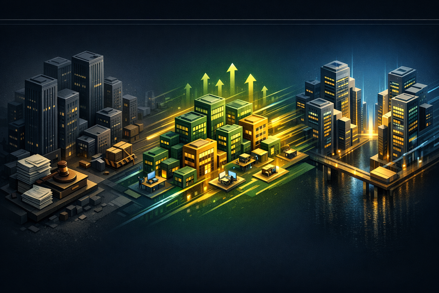 Create an isometric timeline illustration with three horizontal stages moving left to right. Stage one, labeled "2025: Enterprise Stall," shows large corporate towers in muted charcoal and slate blue,