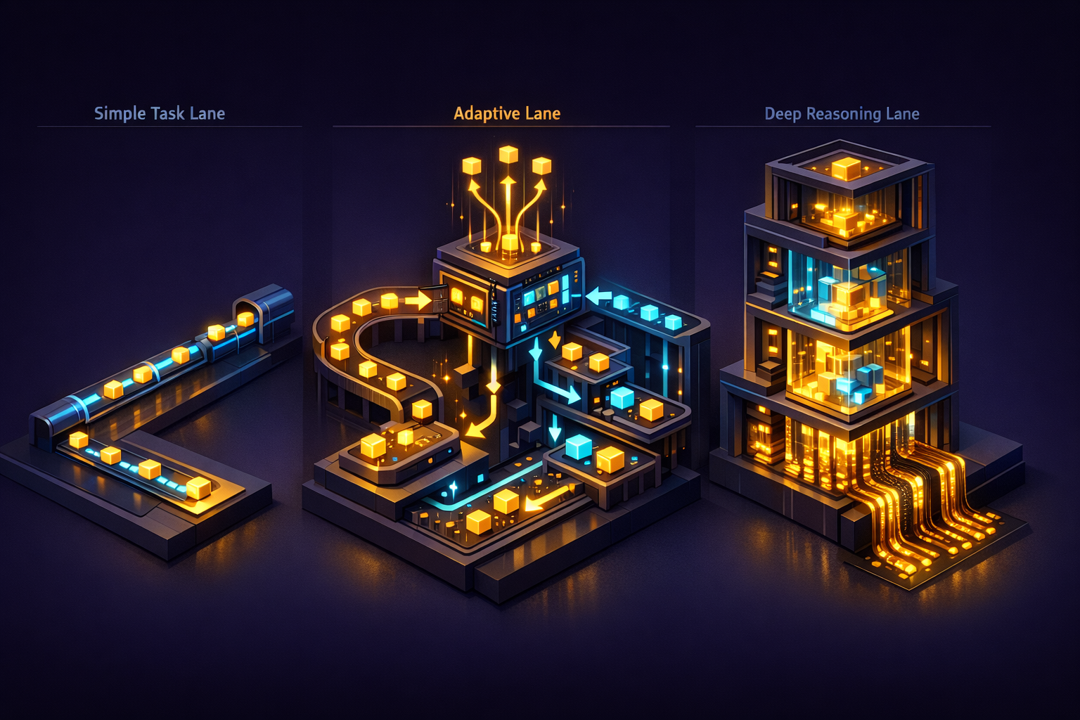 Create a clean isometric scene on a dark purple background with electric blue and warm gold accents. Show three side-by-side zones representing different thinking modes. Left zone: a "simple task lane
