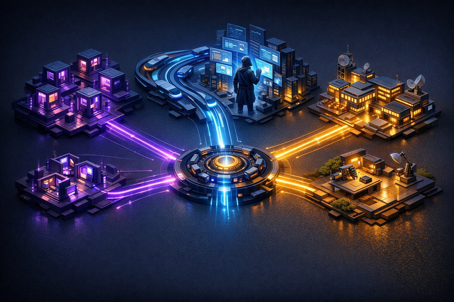 A polished isometric comparison scene on a dark charcoal background with deep purple, electric blue, and warm gold accents. Show five distinct architectural zones arranged in a semicircle around a cen