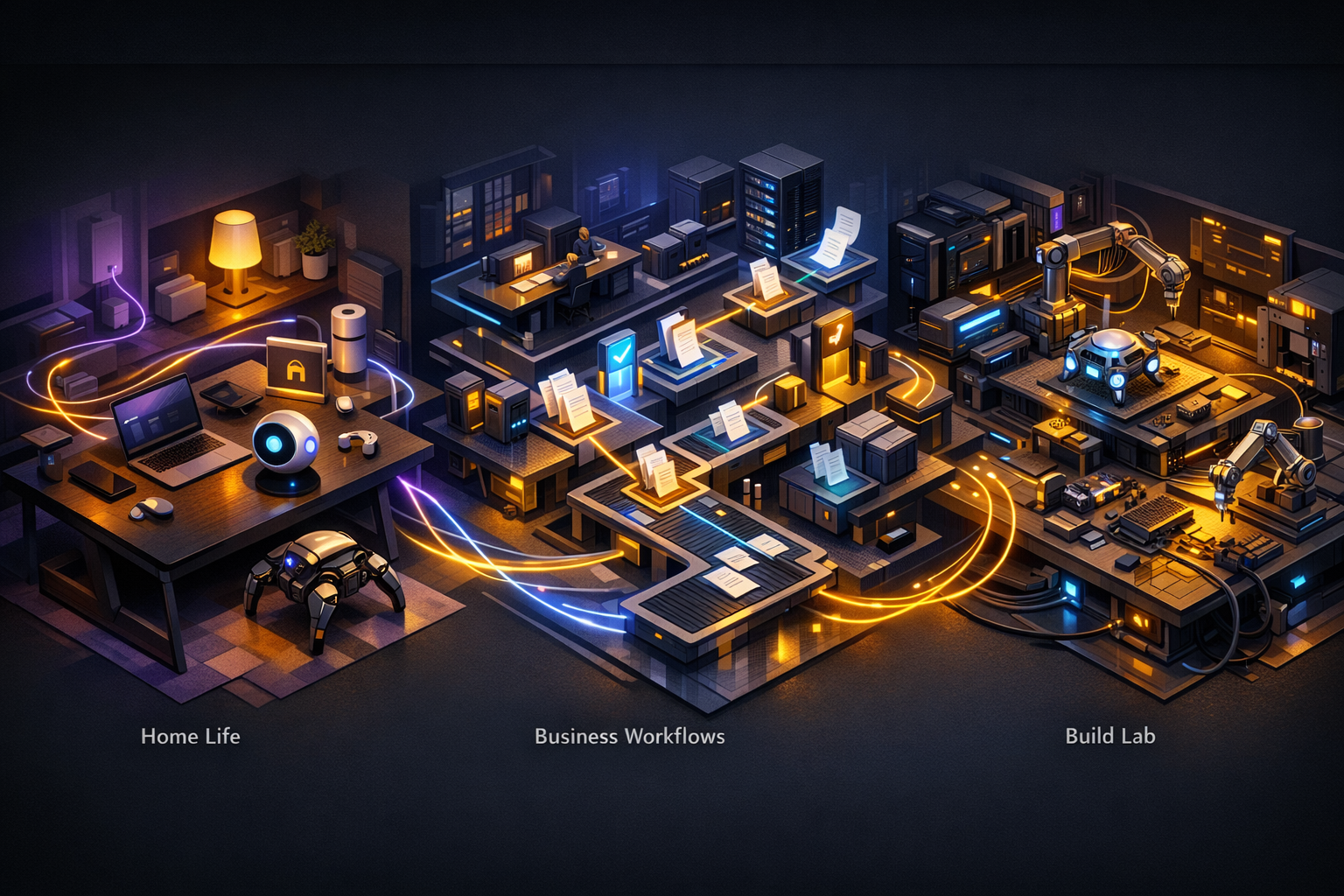Create an isometric comparison scene on a dark charcoal background with deep purple, electric blue, and warm gold accents. Divide the image into three clearly separated zones from left to right: Home
