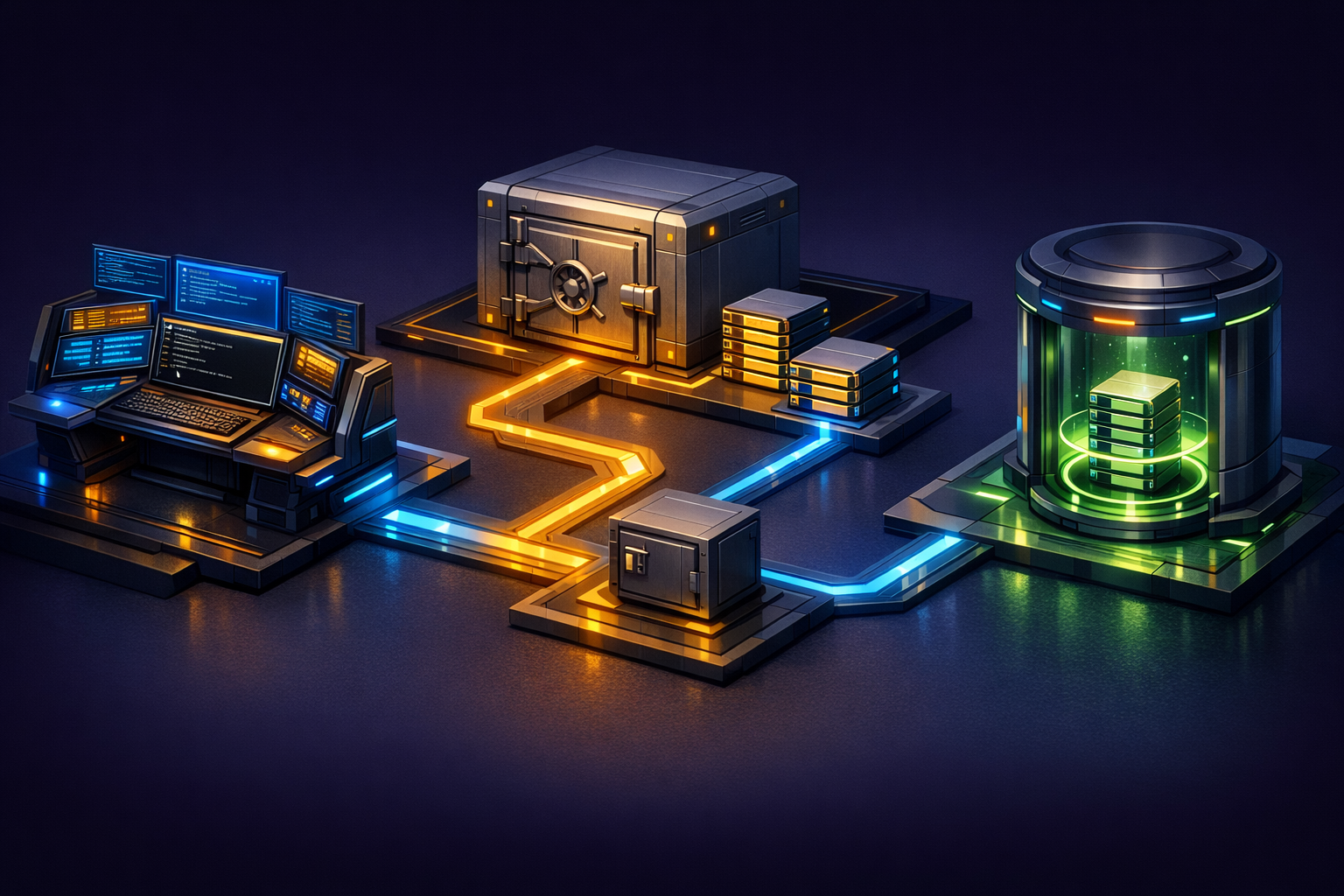 Create an isometric command-center scene on a dark purple background with electric blue and warm gold accents. On the left, show a glowing OpenClaw workspace as a modular console with a terminal promp
