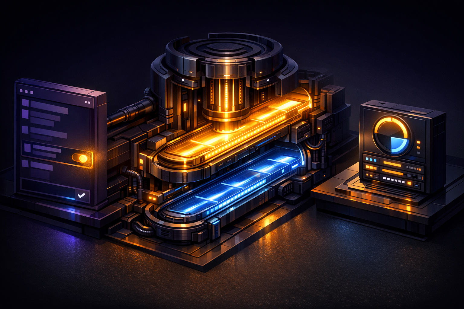 Create an isometric desktop-workspace scene on a dark charcoal background with deep purple, electric blue, and warm gold accents. On the left, show a simplified OpenClaw chat panel with a glowing comm