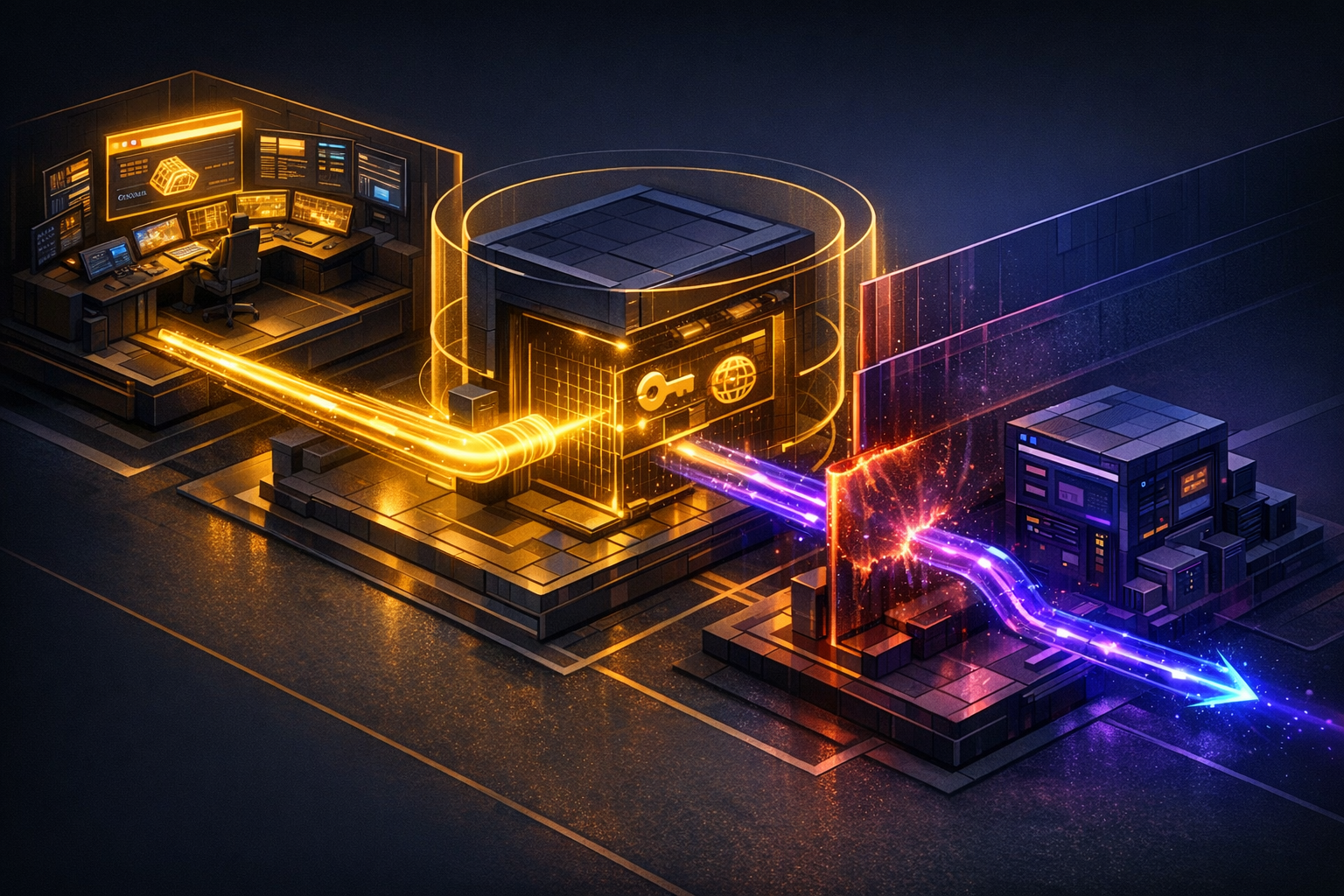 Create an isometric security scene on a dark background with deep purple, electric blue, and warm gold accents. Left zone: a legitimate OpenClaw control room with glowing panels and a stable golden co