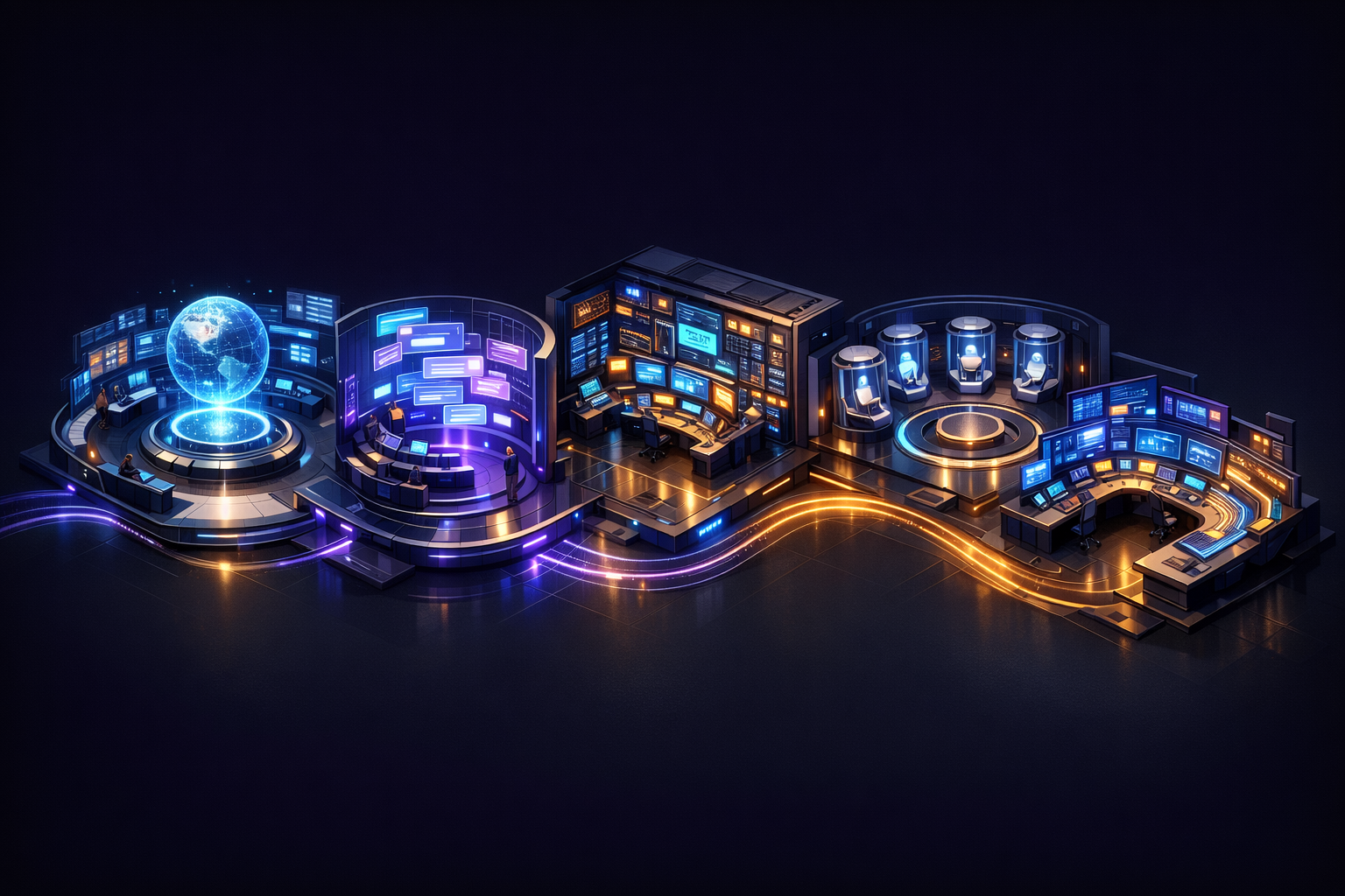 A polished isometric architectural cutaway of a futuristic command center with five distinct glowing zones arranged left to right on a dark graphite background: Overview as a central lobby with a wide