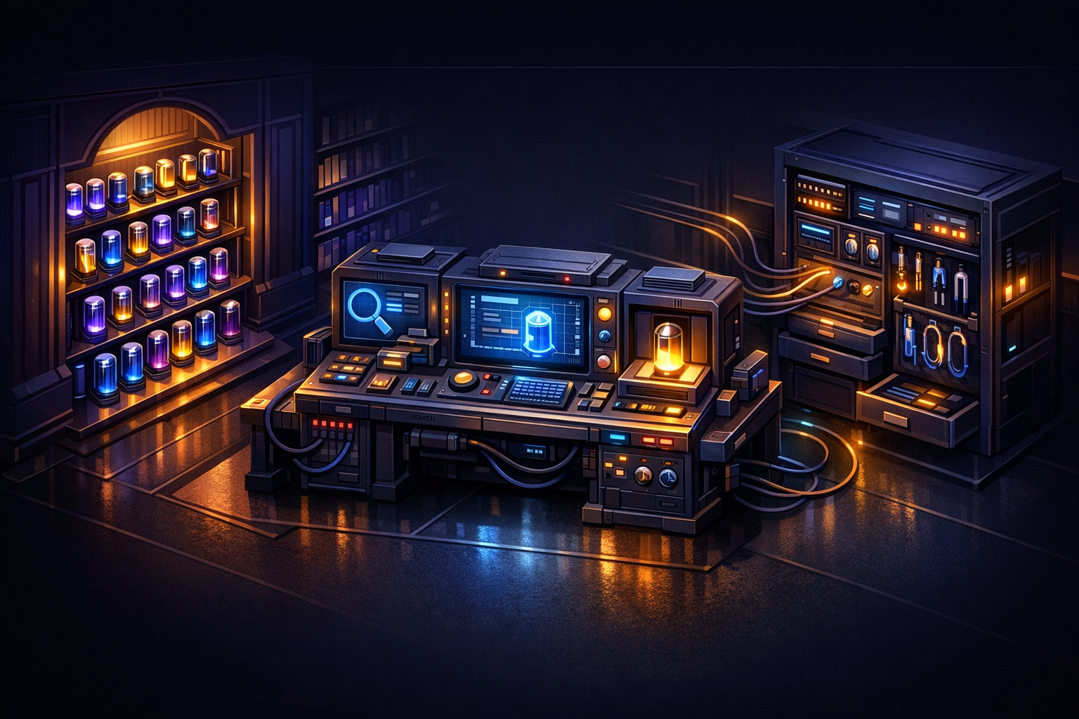 Create an isometric, architectural illustration on a dark background with deep purple, electric blue, and warm gold accents. Left zone shows a glowing curated vault-like library representing ClawHub w